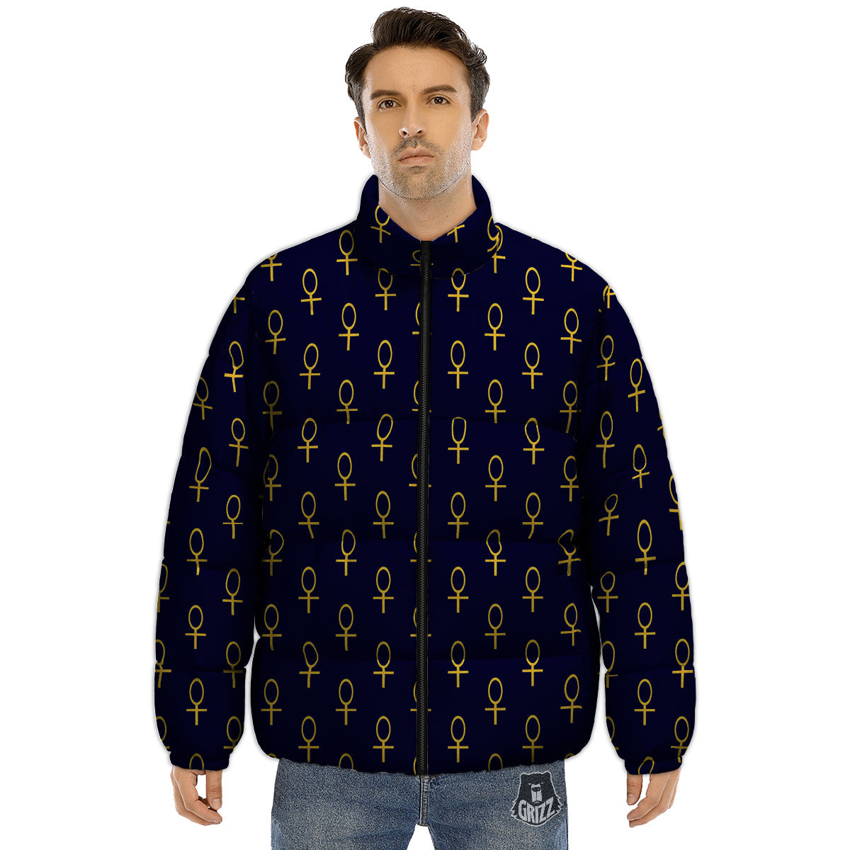 Blue And Gold Ankh Print Pattern Puffer Jacket-grizzshop