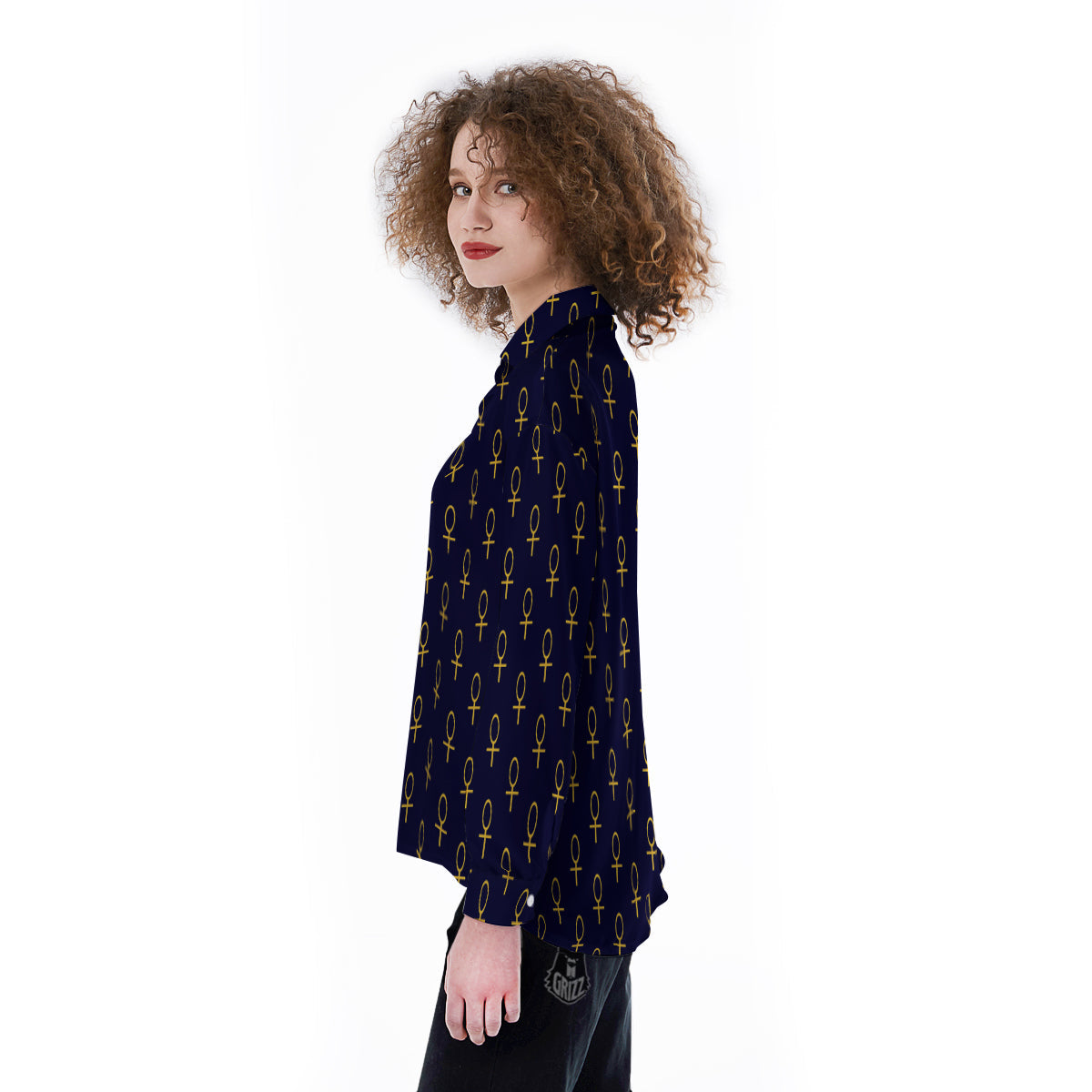 Blue And Gold Ankh Print Pattern Women's Long Sleeve Shirts-grizzshop