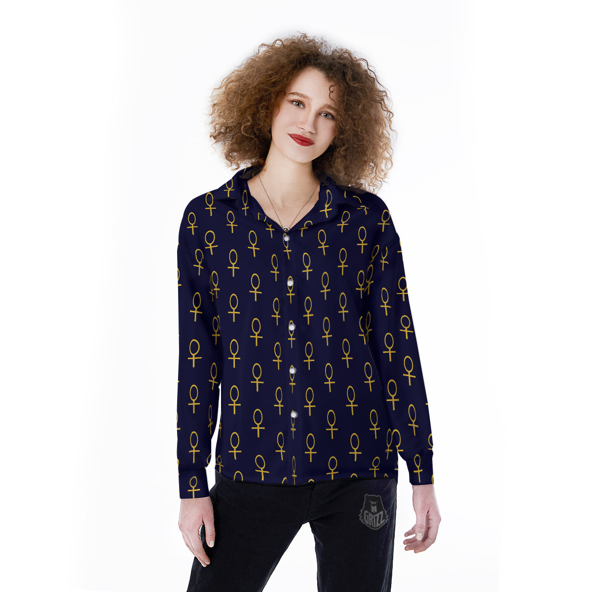 Blue And Gold Ankh Print Pattern Women's Long Sleeve Shirts-grizzshop