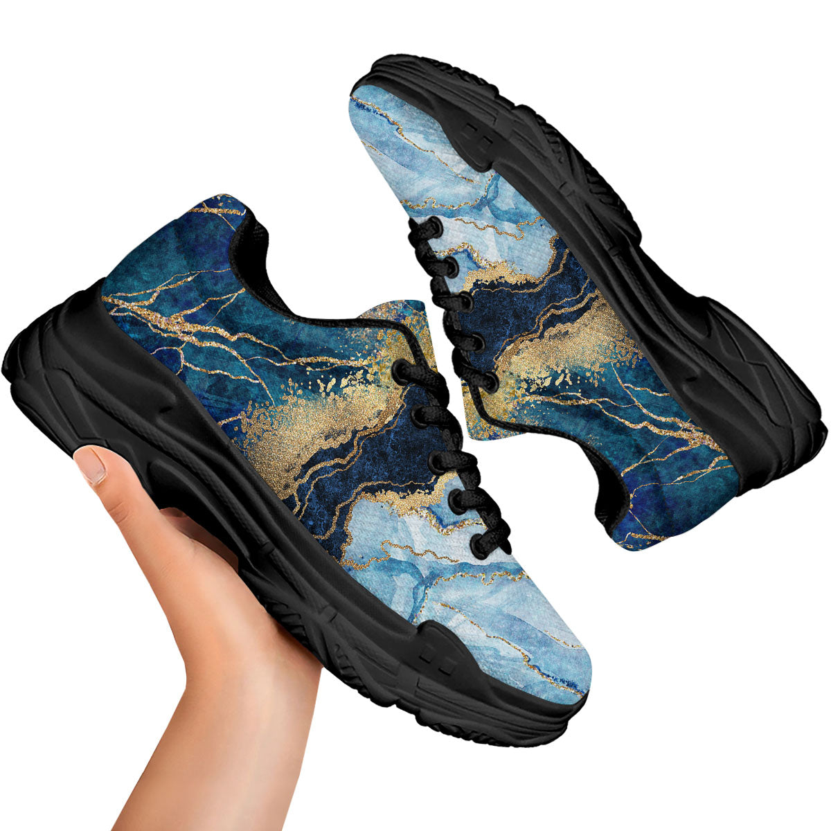 Blue And Gold Marble Print Black Chunky Shoes-grizzshop