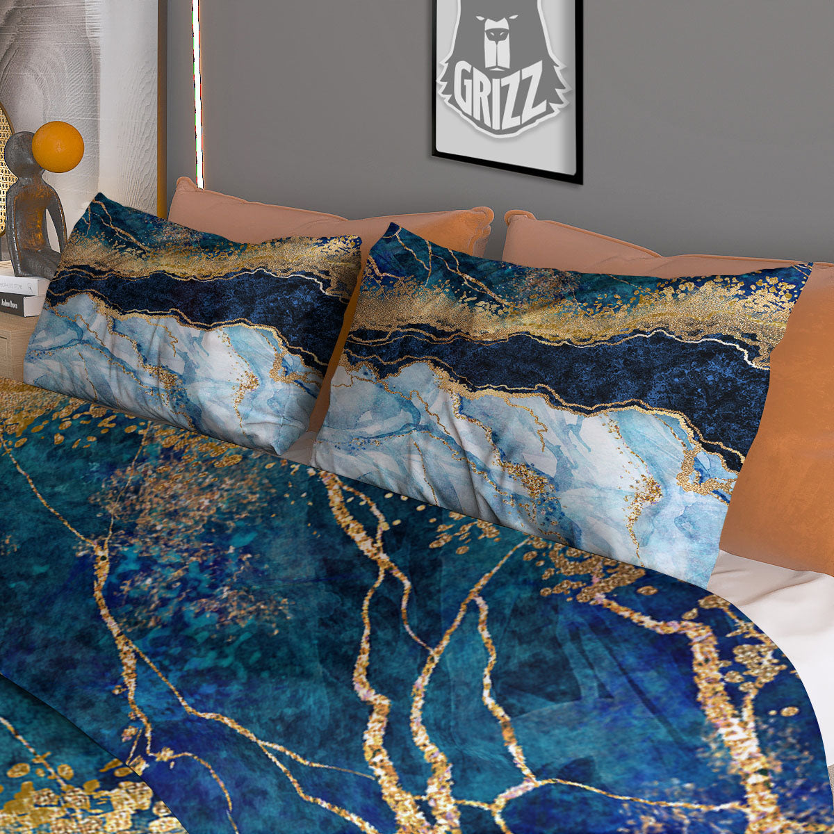 Blue And Gold Marble Print Duvet Cover Bedding Set