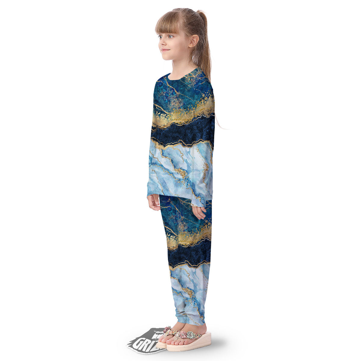 Blue And Gold Marble Print Kid's Pajamas-grizzshop