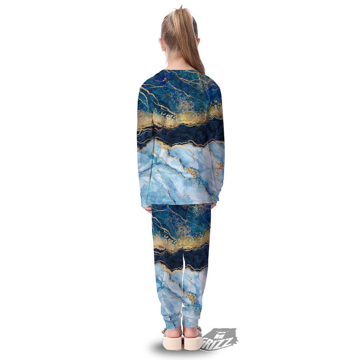 Blue And Gold Marble Print Kid's Pajamas-grizzshop