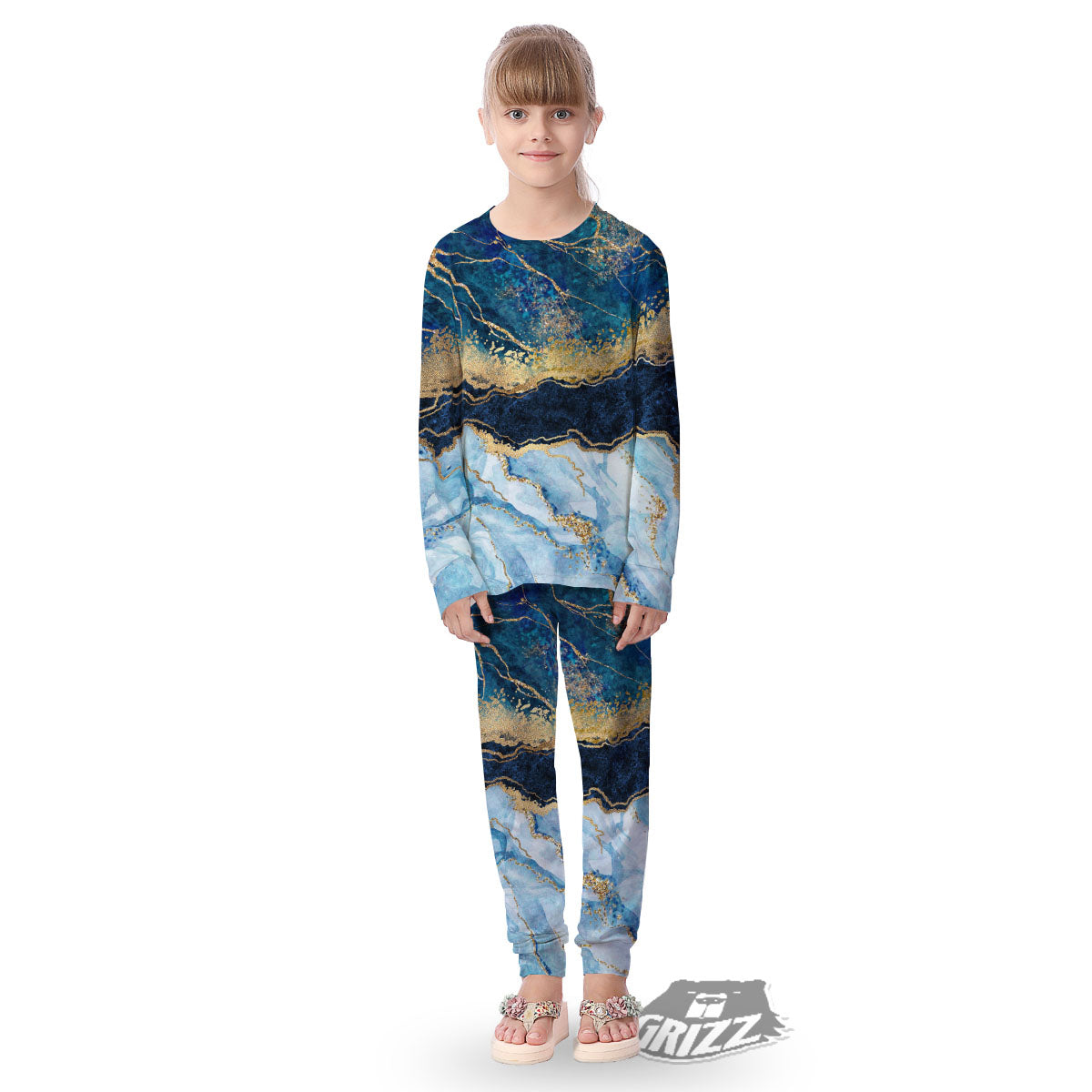 Blue And Gold Marble Print Kid's Pajamas-grizzshop