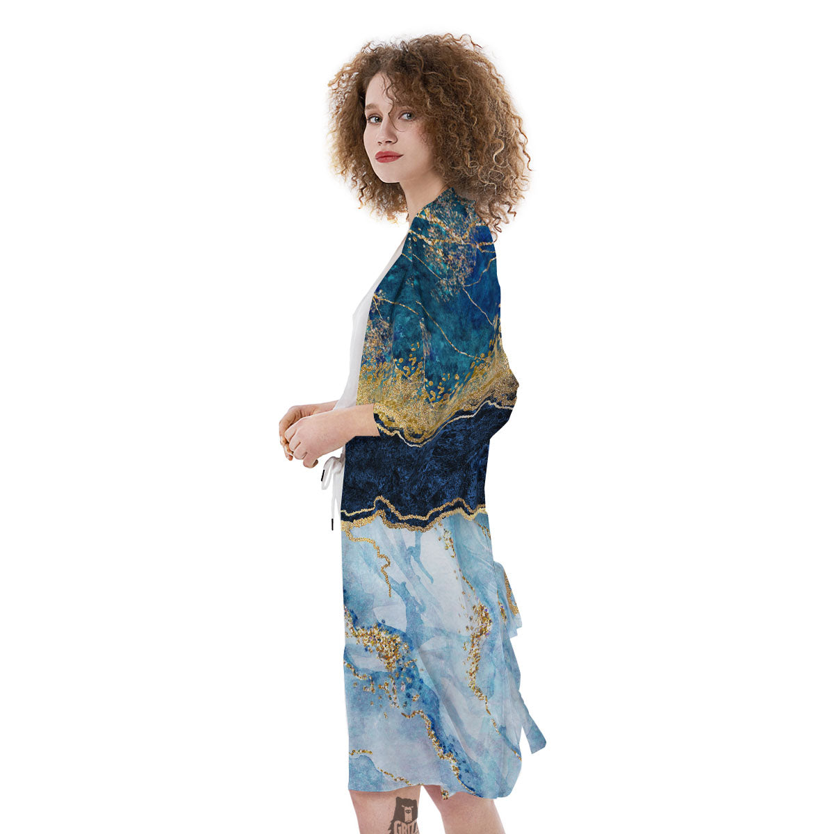 Blue And Gold Marble Print Kimono-grizzshop