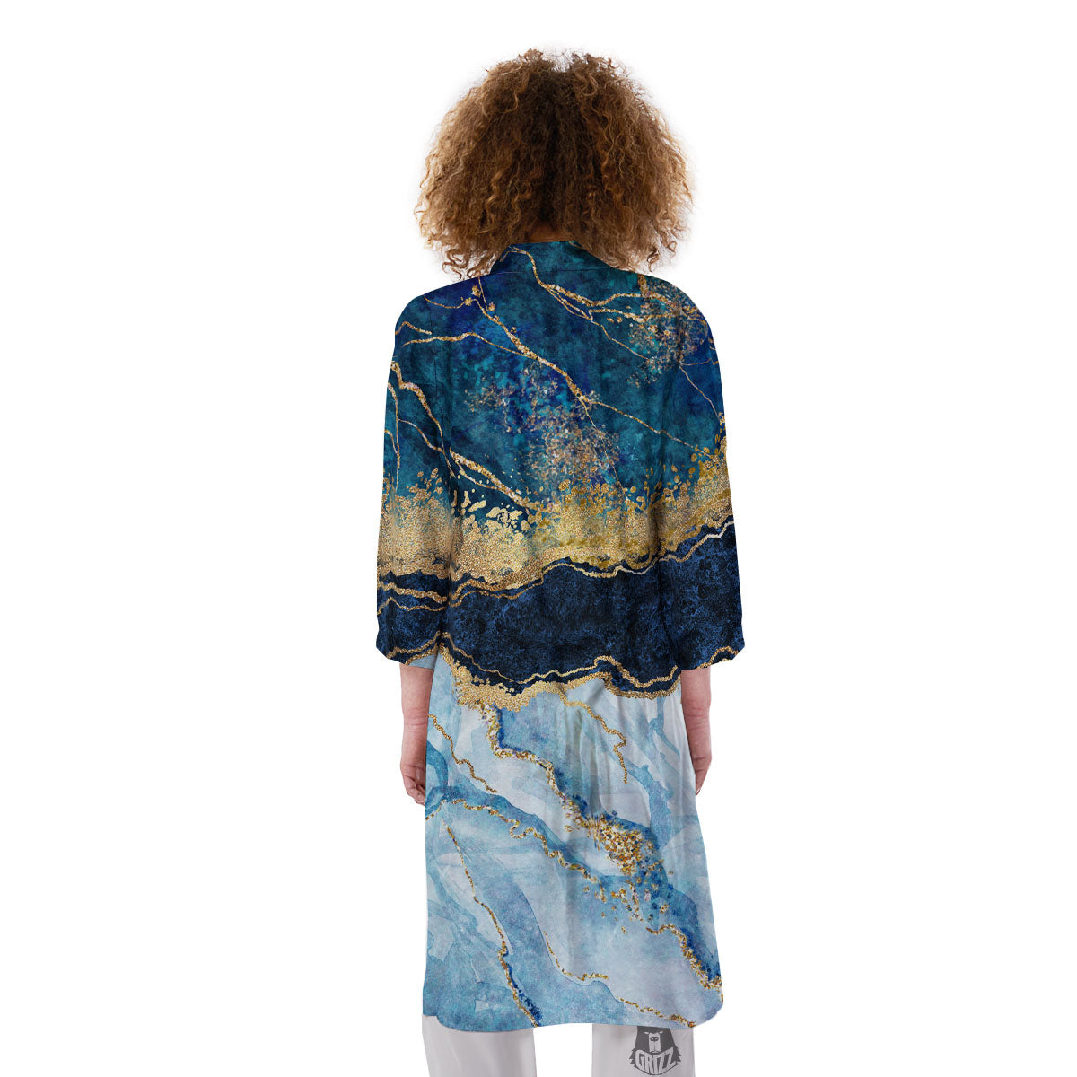 Blue And Gold Marble Print Kimono-grizzshop