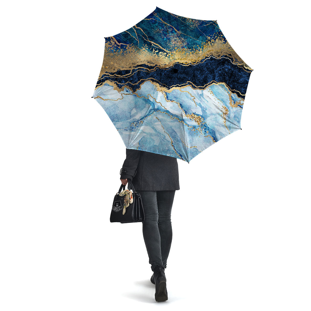 Blue And Gold Marble Print Umbrella-grizzshop