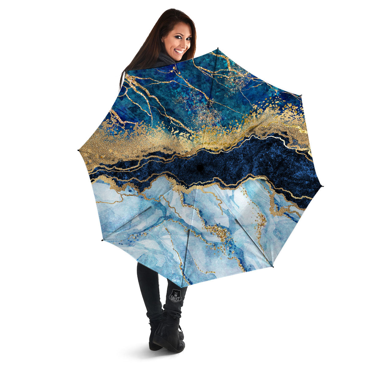 Blue And Gold Marble Print Umbrella-grizzshop
