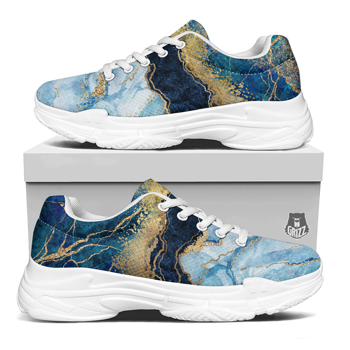 Blue And Gold Marble Print White Chunky Shoes-grizzshop