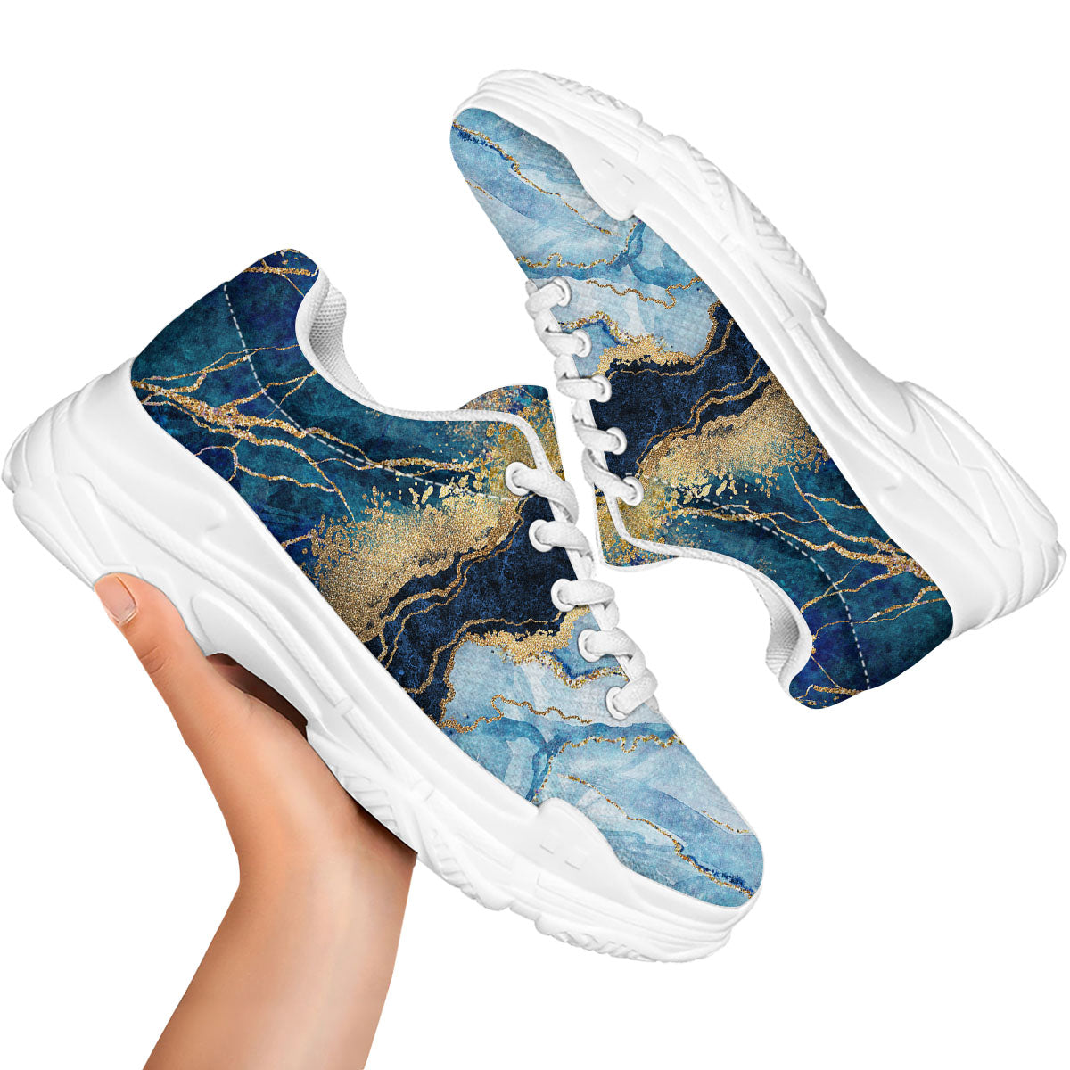 Blue And Gold Marble Print White Chunky Shoes-grizzshop