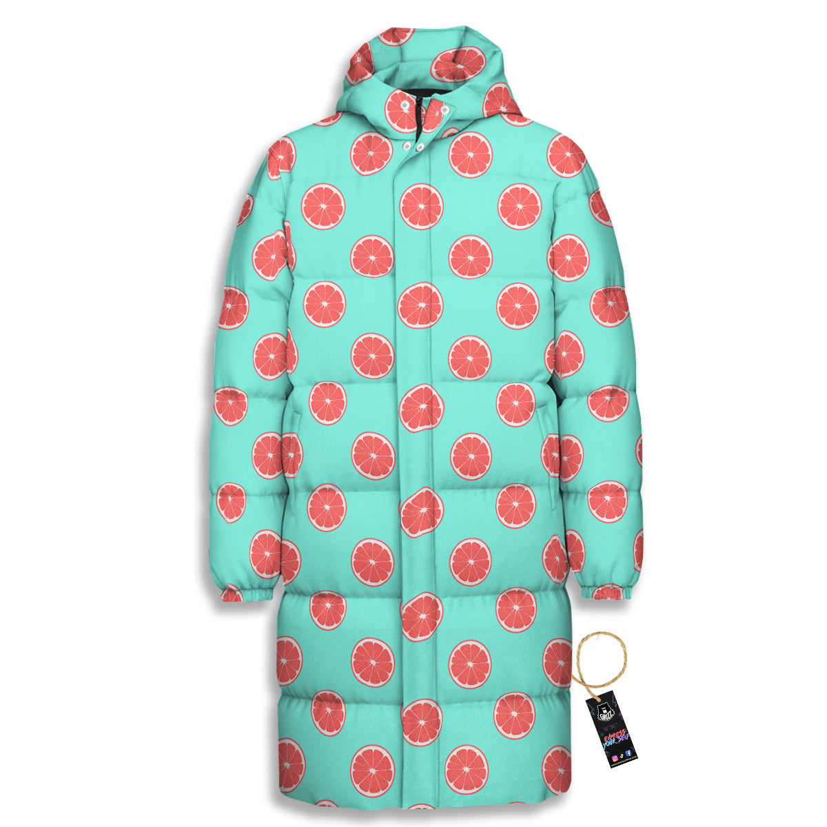 Blue And Pink Grapefruit Sliced Print Pattern Long Down Jacket-grizzshop