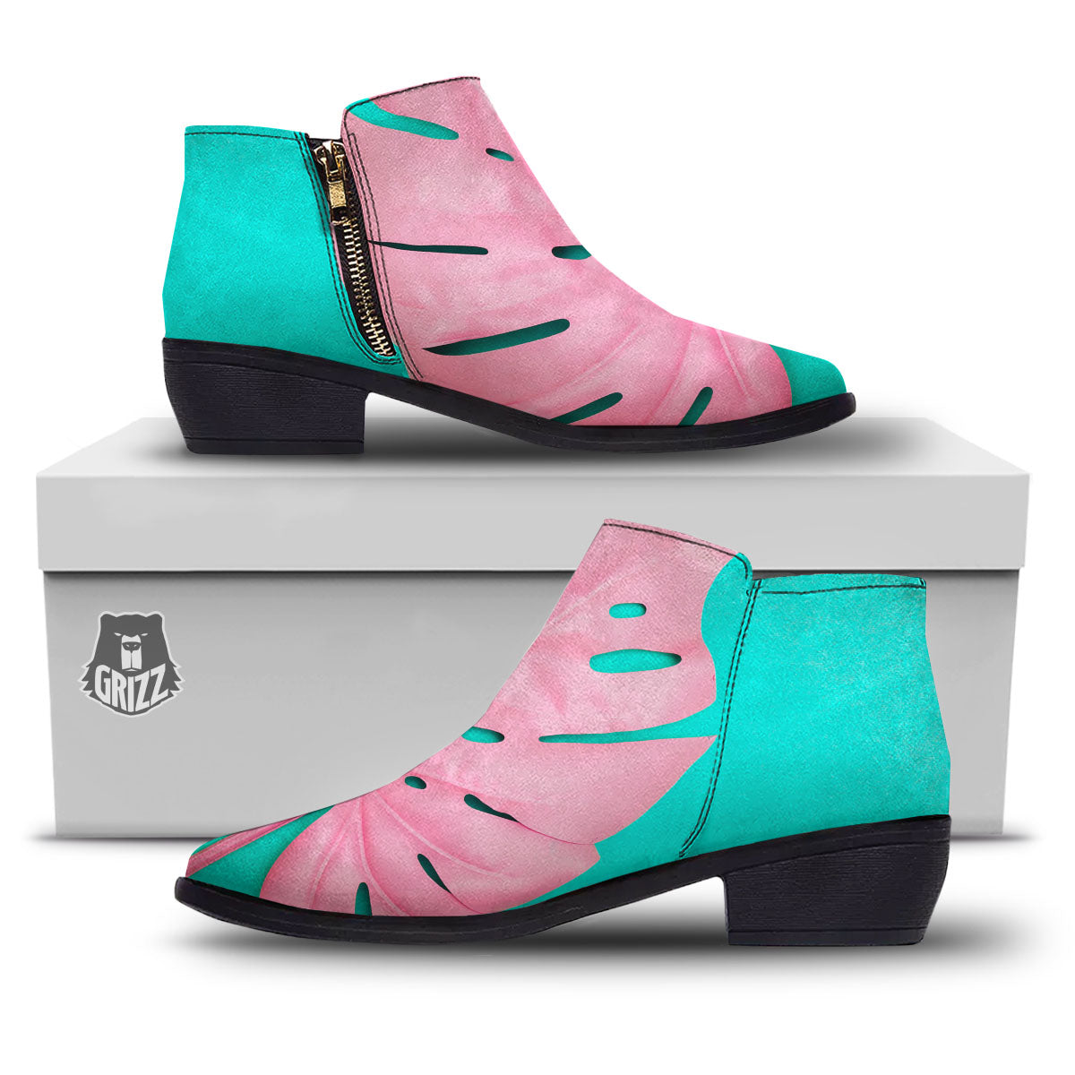 Blue And Pink Tropical Palm Leaf Print Ankle Boots-grizzshop