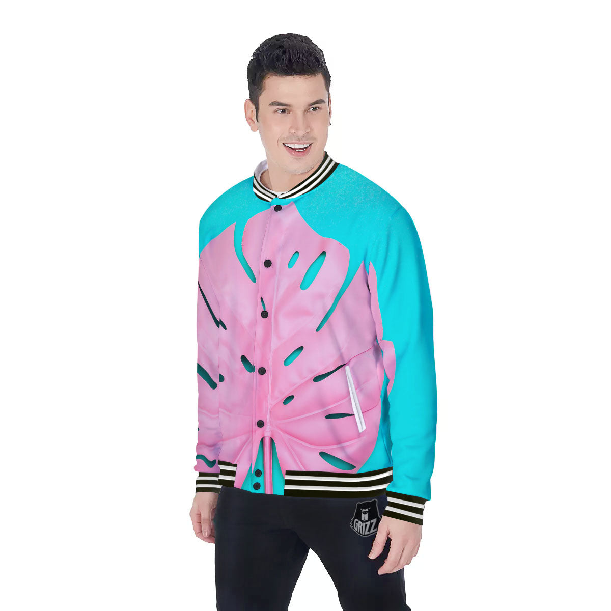 Blue And Pink Tropical Palm Leaf Print Baseball Jacket-grizzshop