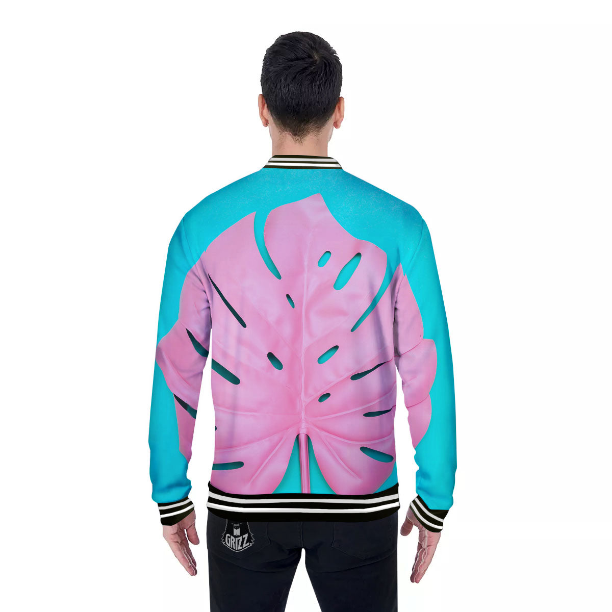 Blue And Pink Tropical Palm Leaf Print Baseball Jacket-grizzshop