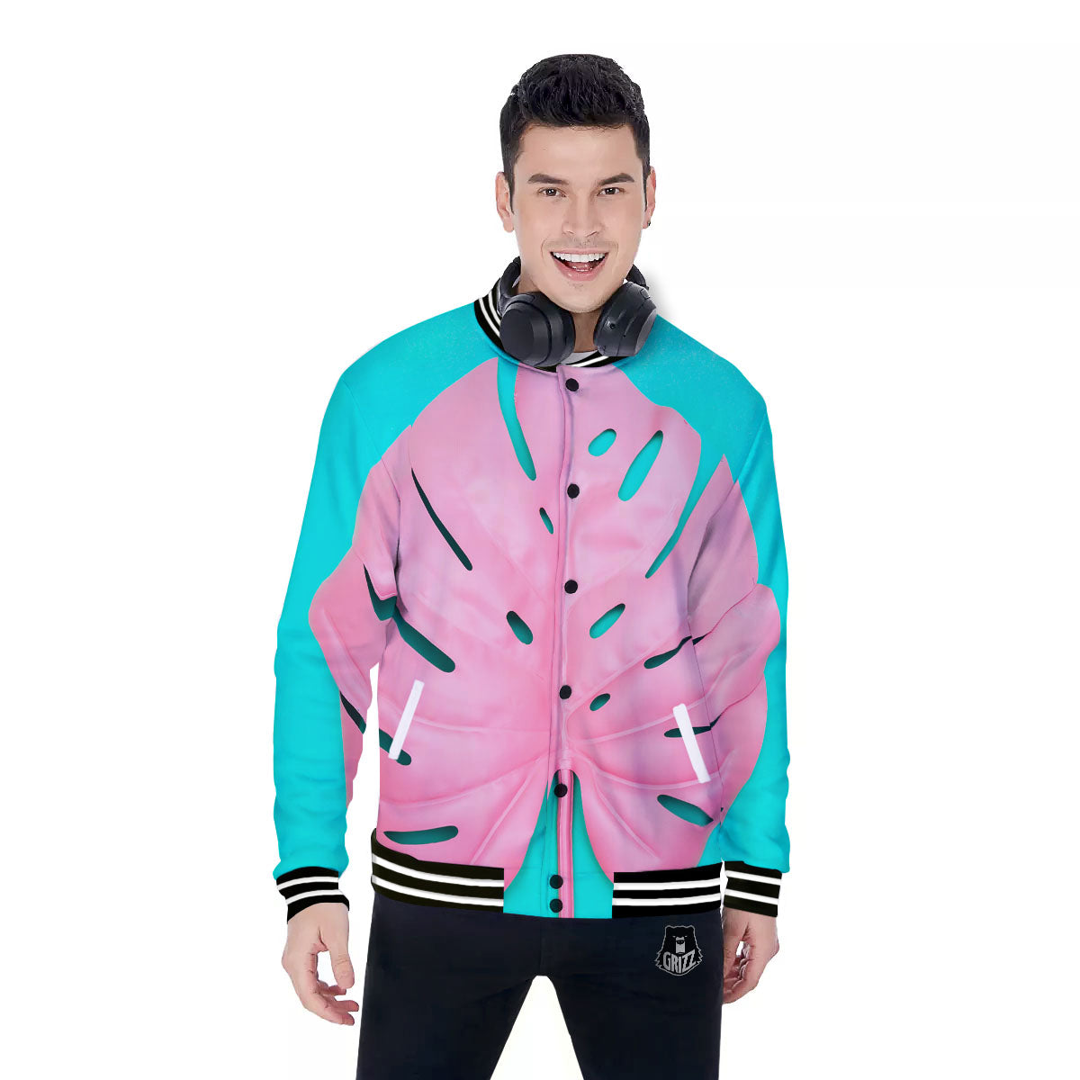Blue And Pink Tropical Palm Leaf Print Baseball Jacket-grizzshop