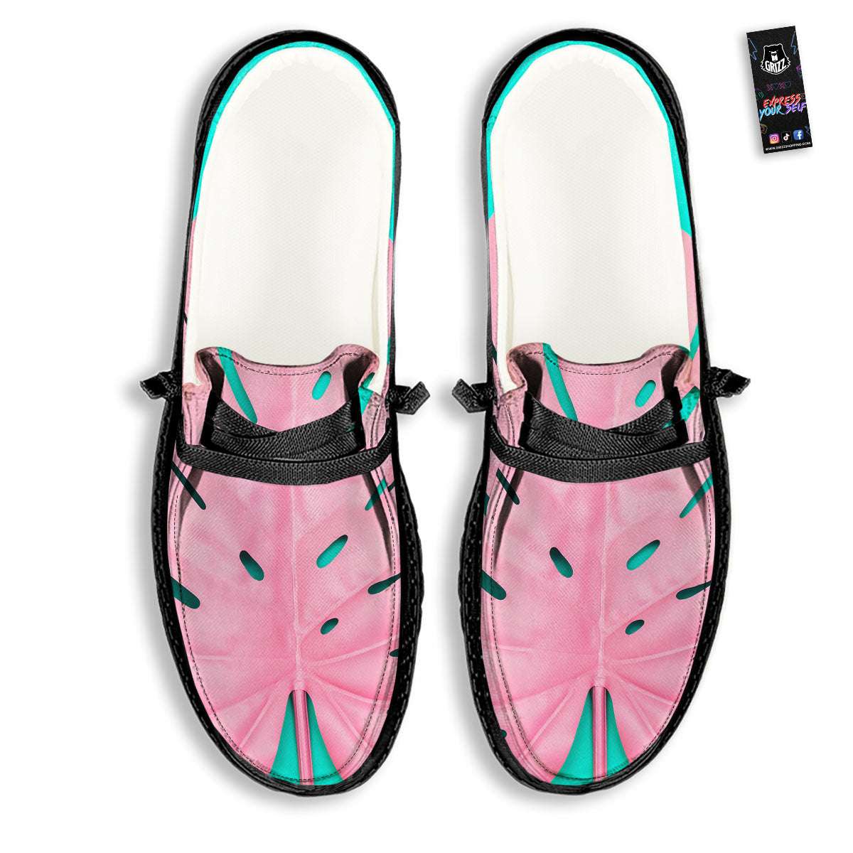 Blue And Pink Tropical Palm Leaf Print Black Loafers-grizzshop