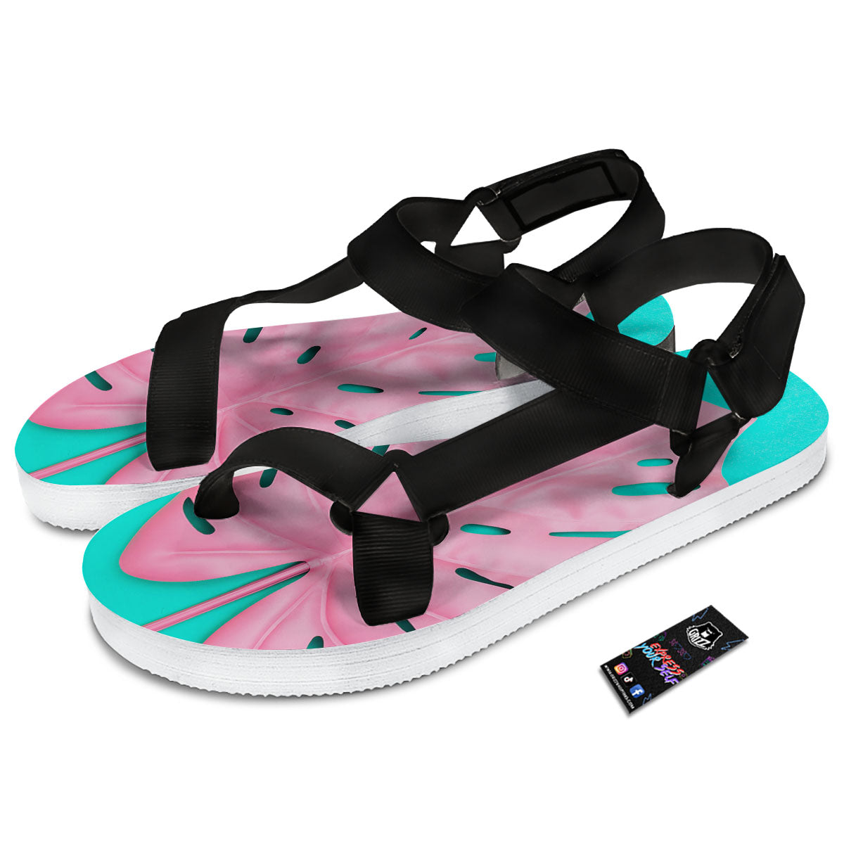 Blue And Pink Tropical Palm Leaf Print Black Open Toe Sandals-grizzshop
