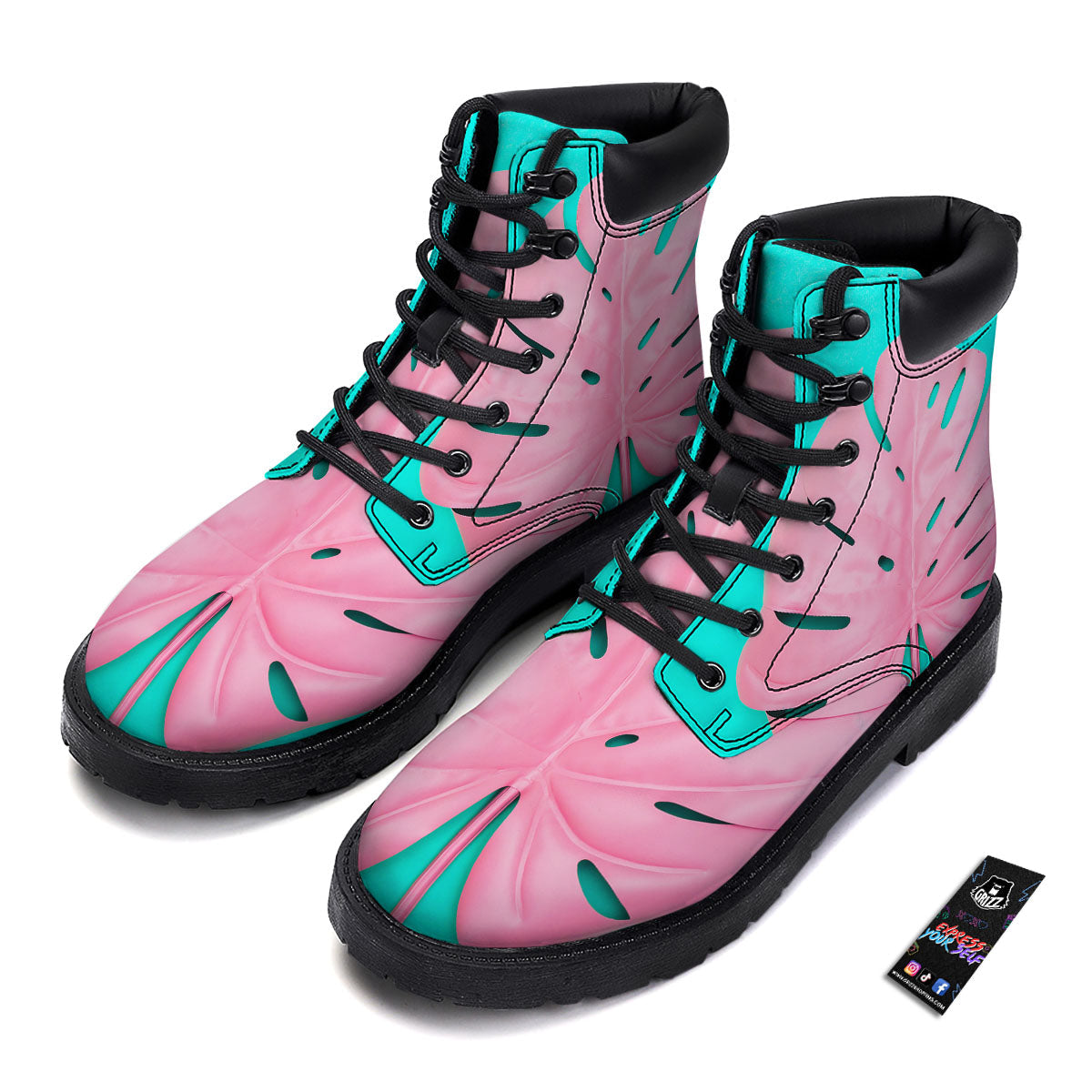 Blue And Pink Tropical Palm Leaf Print Boots-grizzshop