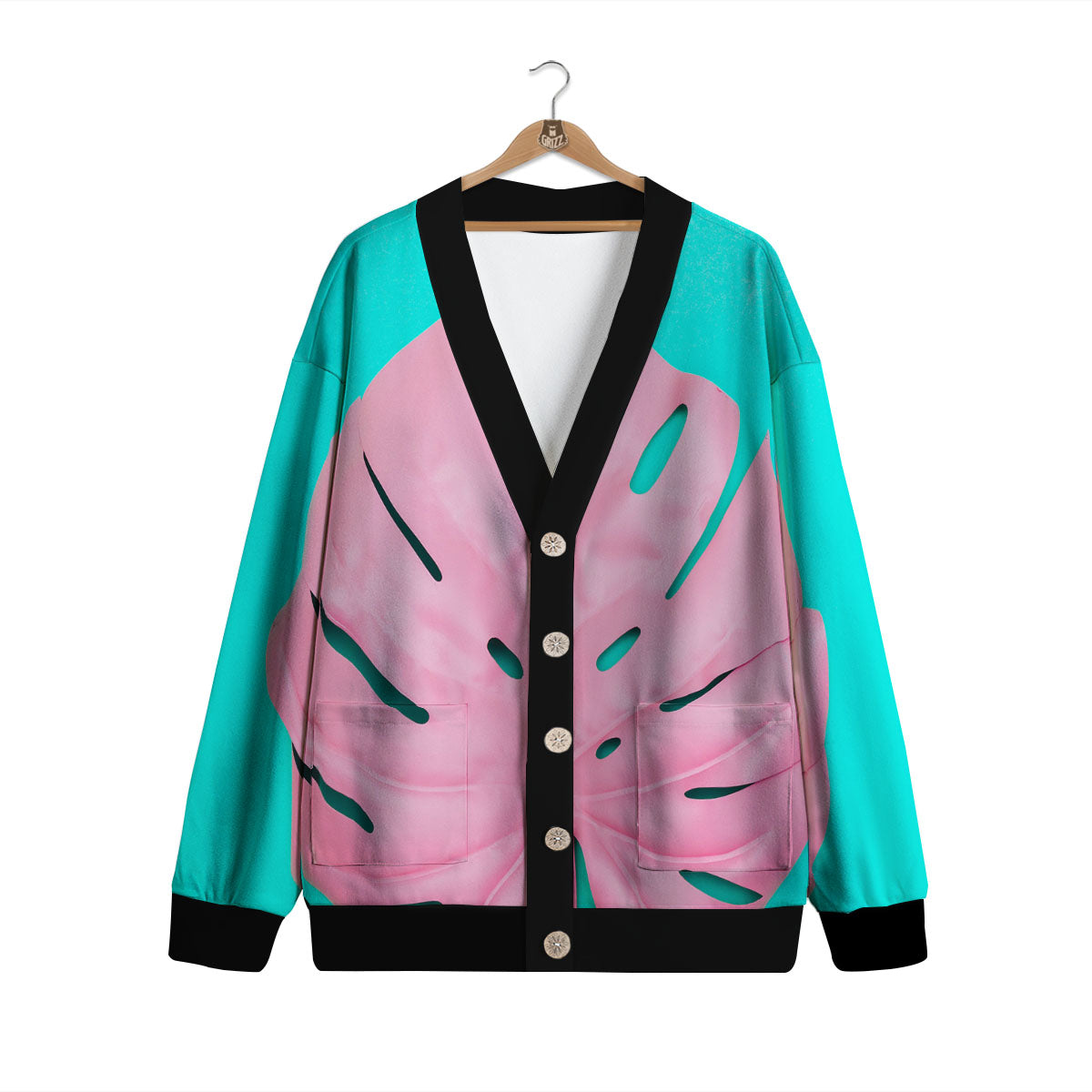 Blue And Pink Tropical Palm Leaf Print Cardigan-grizzshop