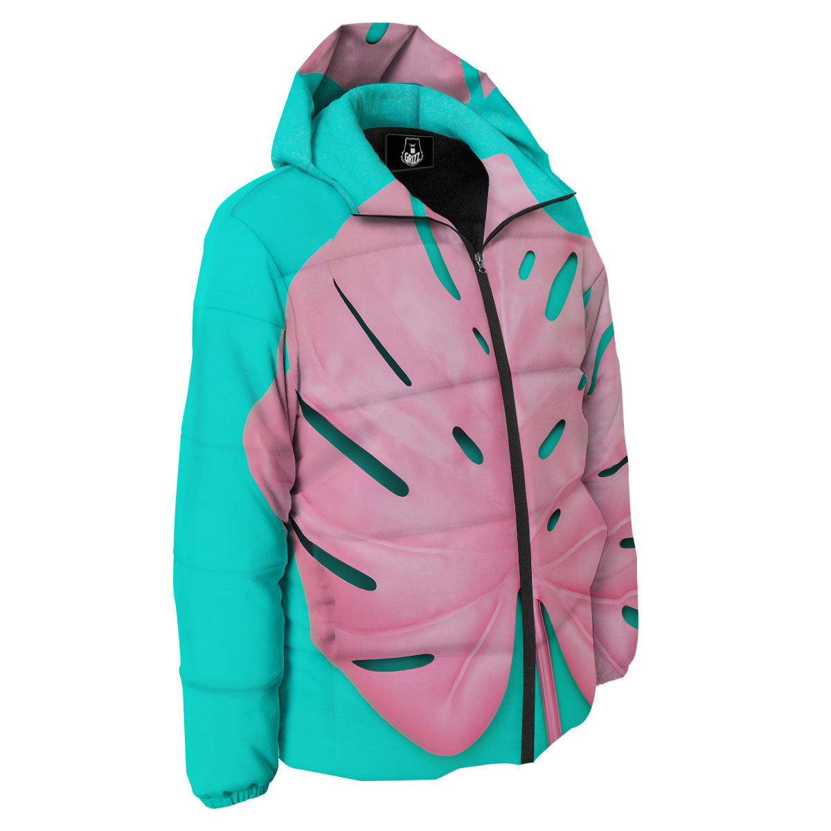 Blue And Pink Tropical Palm Leaf Print Down Jacket-grizzshop