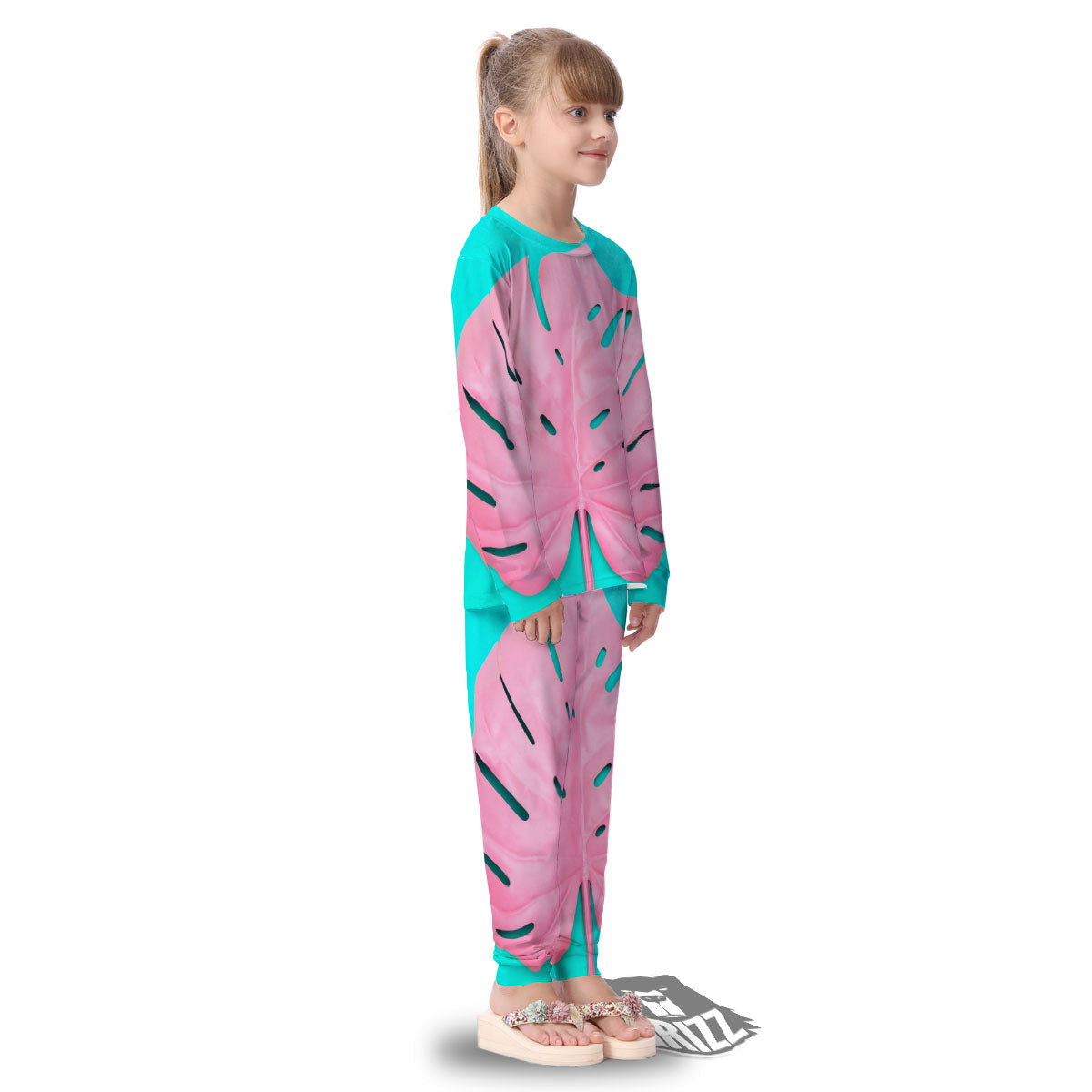 Blue And Pink Tropical Palm Leaf Print Kid's Pajamas-grizzshop