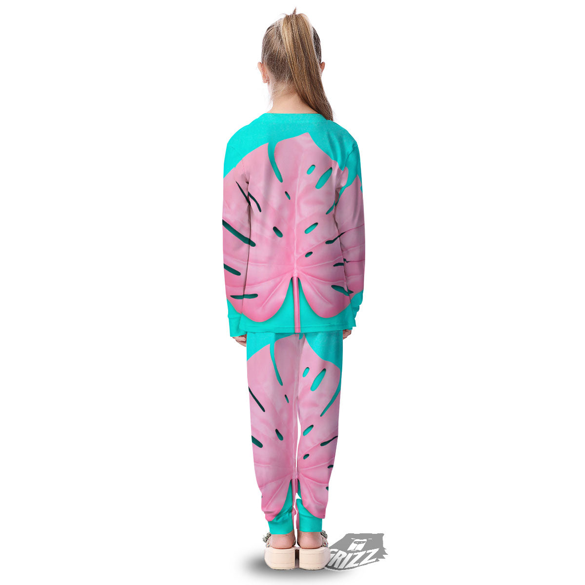 Blue And Pink Tropical Palm Leaf Print Kid's Pajamas-grizzshop