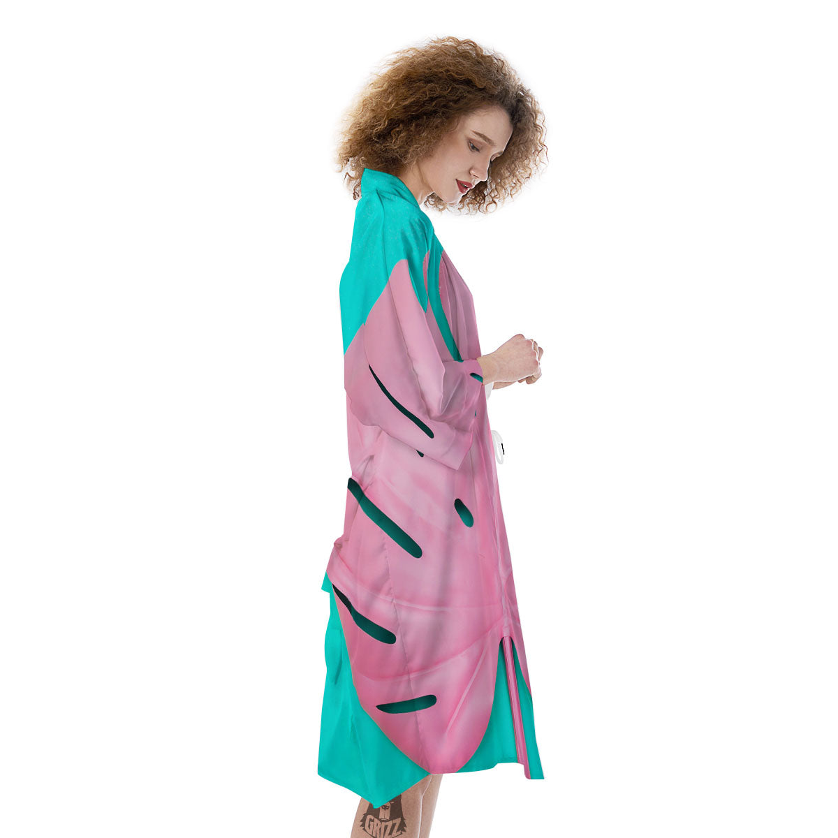 Blue And Pink Tropical Palm Leaf Print Kimono-grizzshop