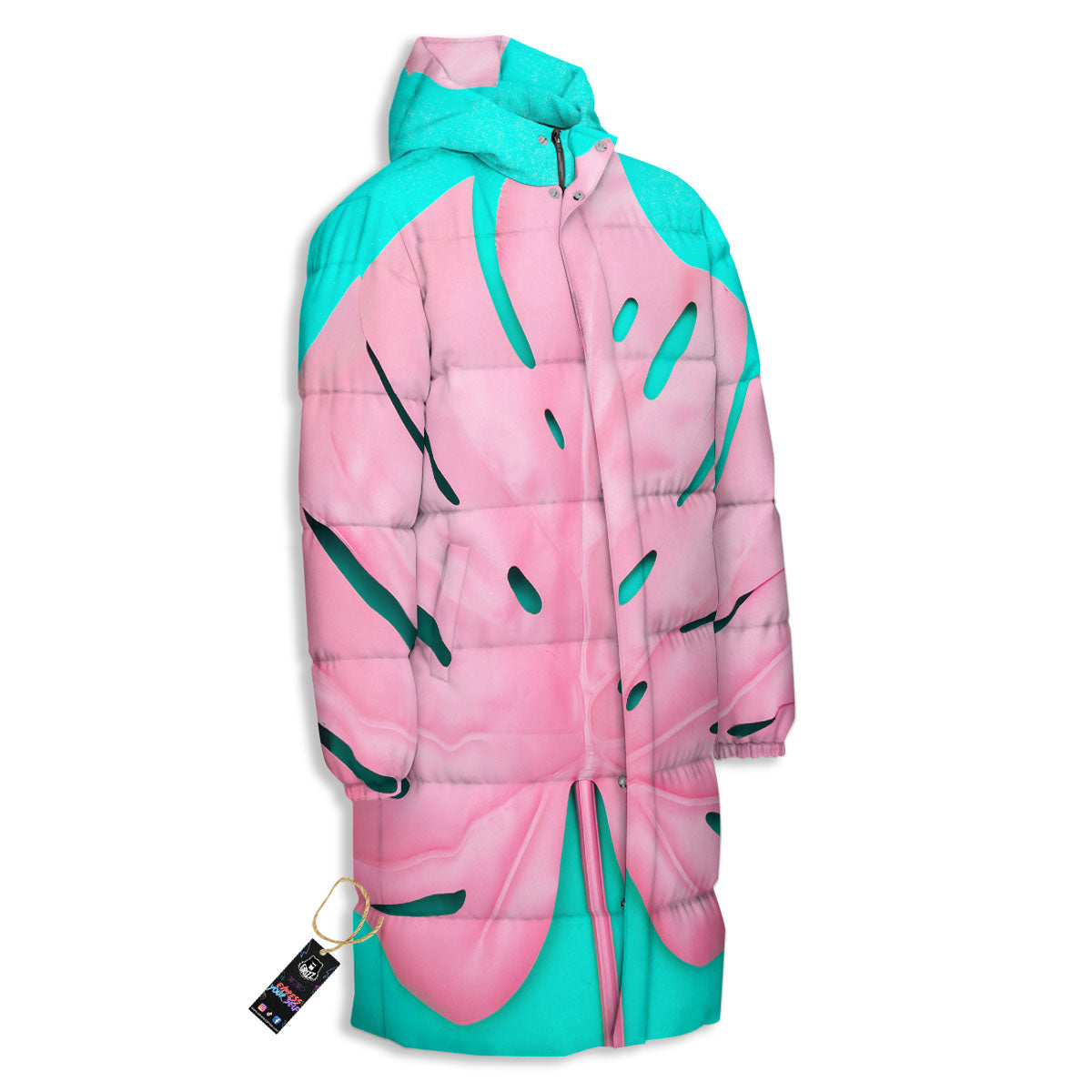 Blue And Pink Tropical Palm Leaf Print Long Down Jacket-grizzshop