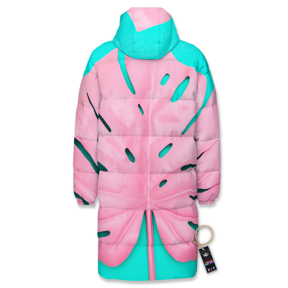Blue And Pink Tropical Palm Leaf Print Long Down Jacket-grizzshop