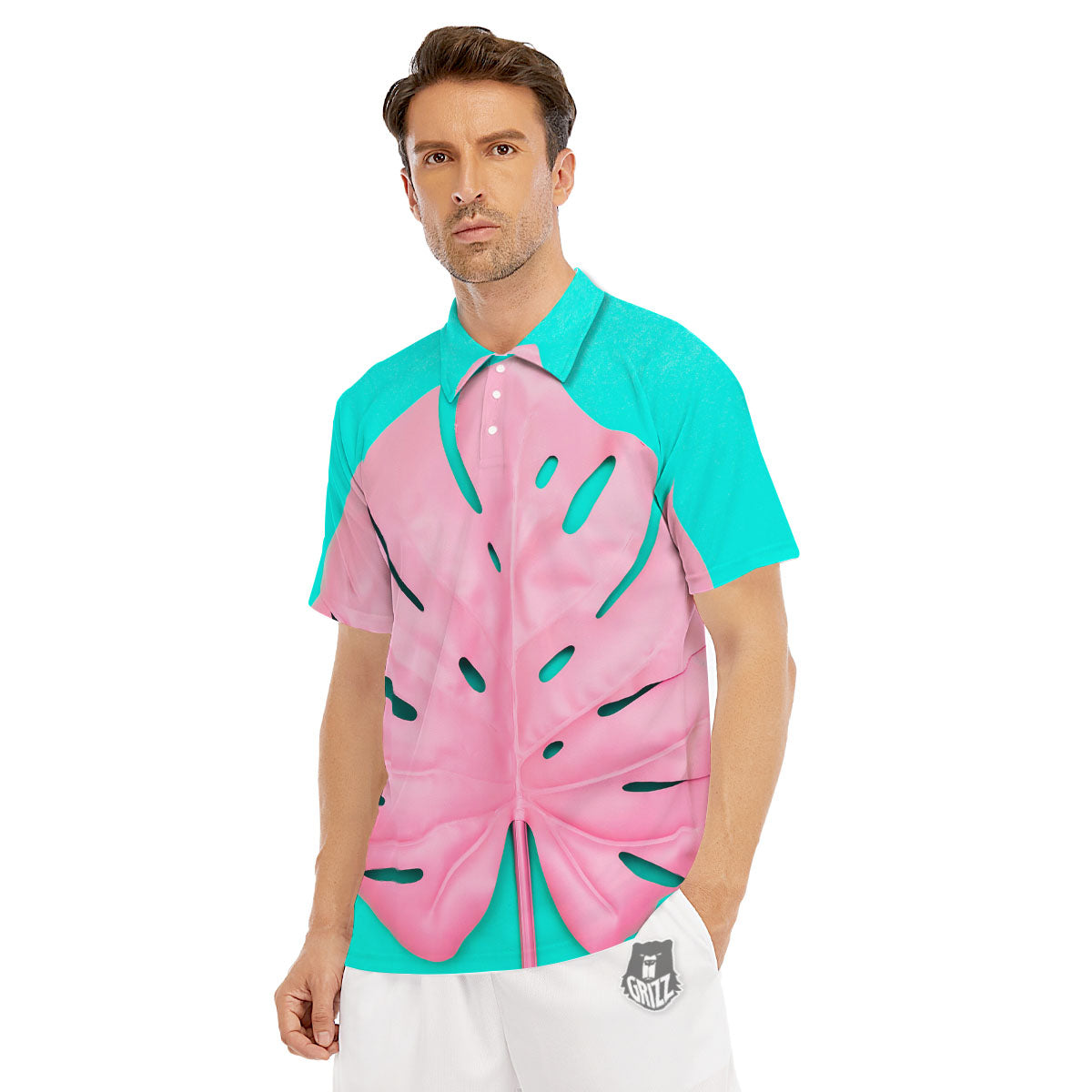 Blue And Pink Tropical Palm Leaf Print Men's Golf Shirts-grizzshop