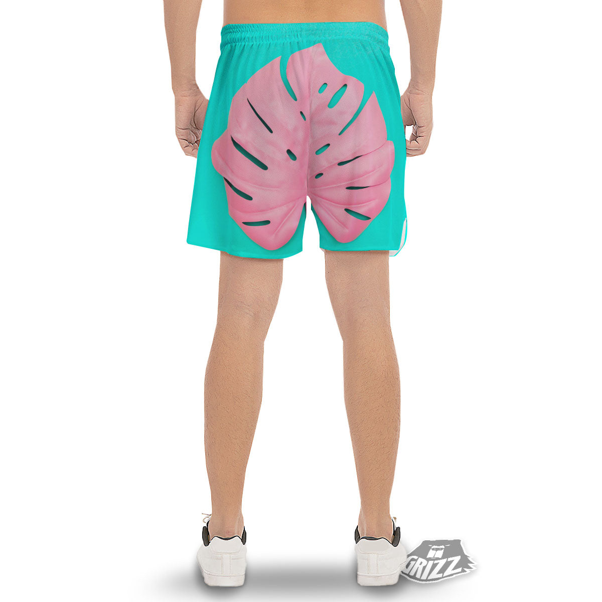 Blue And Pink Tropical Palm Leaf Print Men's Gym Shorts-grizzshop