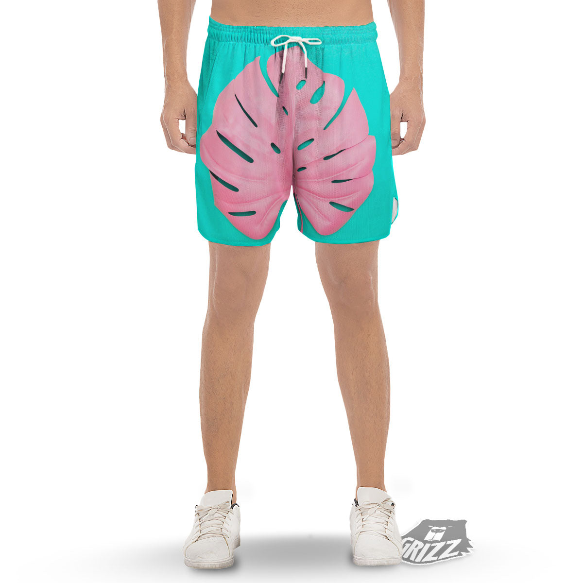 Blue And Pink Tropical Palm Leaf Print Men's Gym Shorts-grizzshop