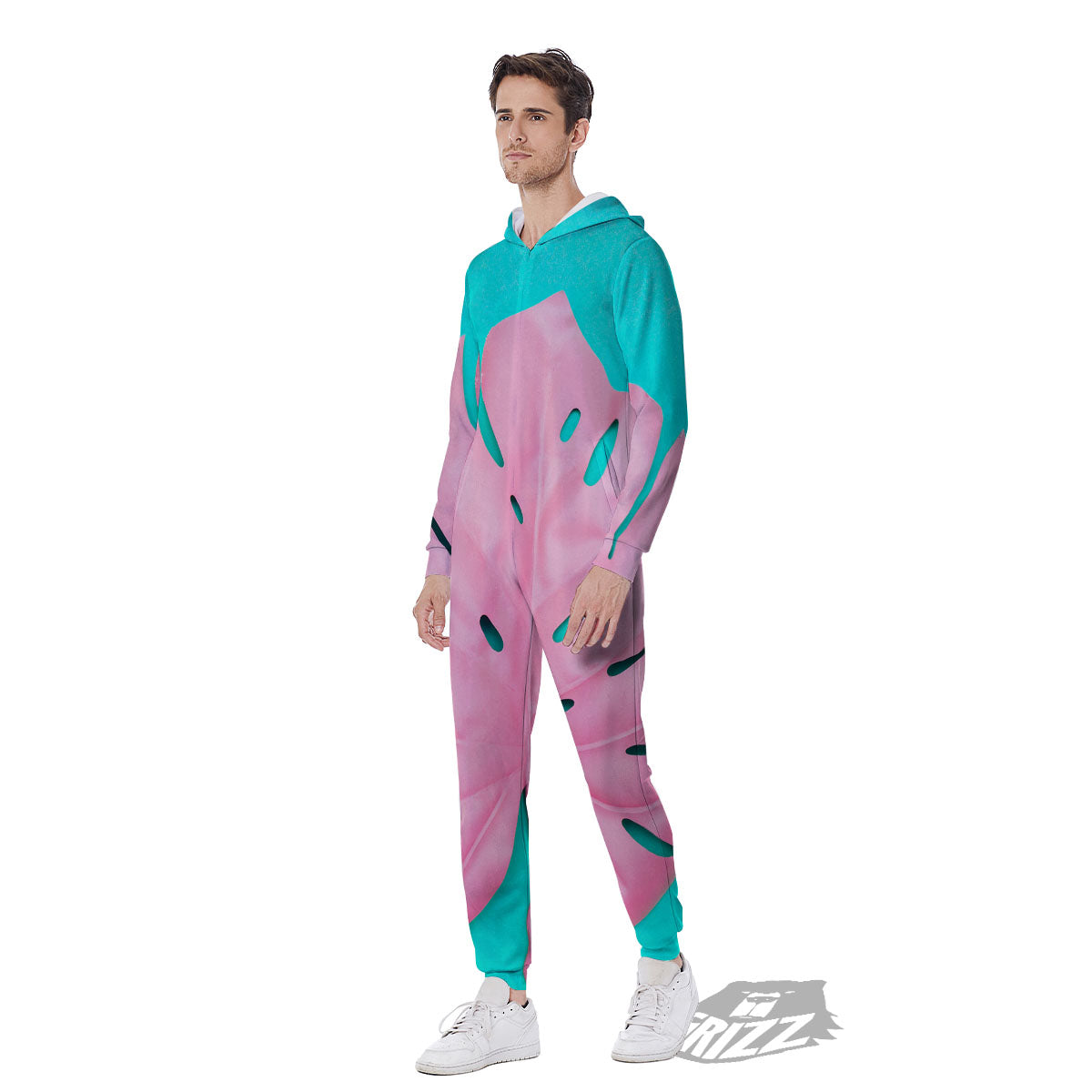 Blue And Pink Tropical Palm Leaf Print Men's Jumpsuit-grizzshop