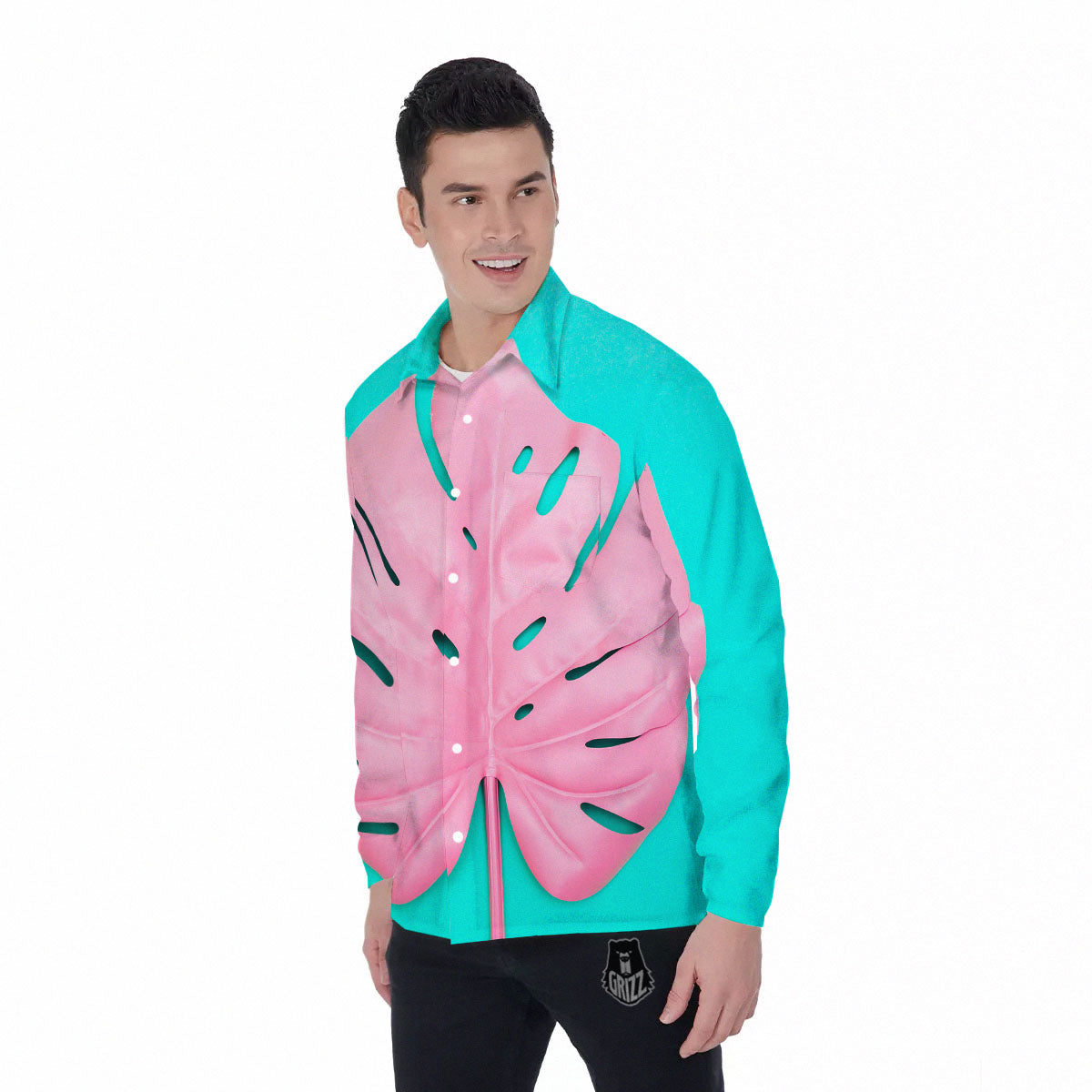Blue And Pink Tropical Palm Leaf Print Men's Long Sleeve Shirts-grizzshop