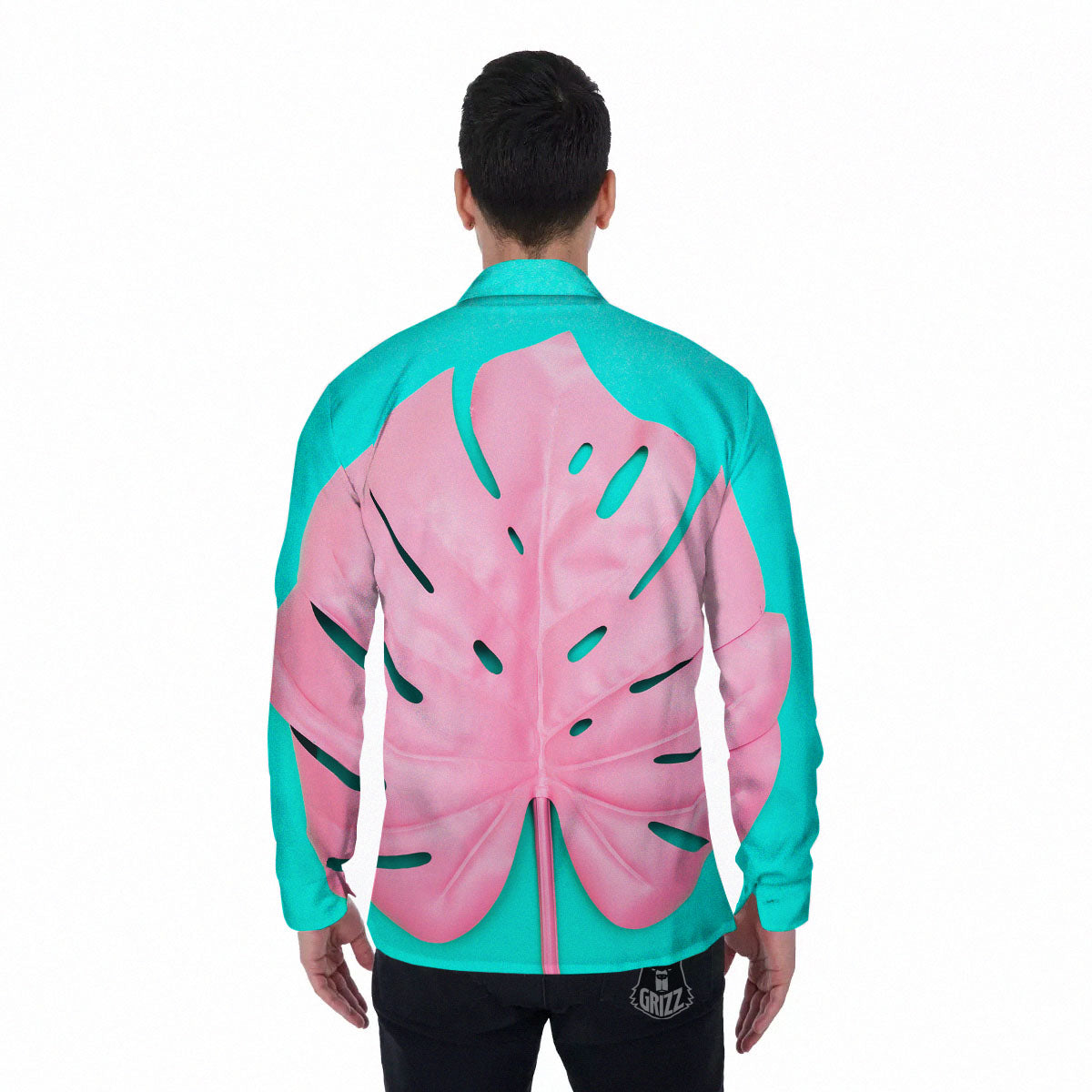 Blue And Pink Tropical Palm Leaf Print Men's Long Sleeve Shirts-grizzshop