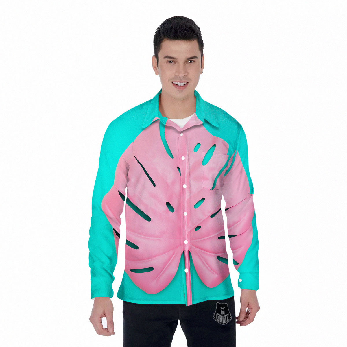 Blue And Pink Tropical Palm Leaf Print Men's Long Sleeve Shirts-grizzshop