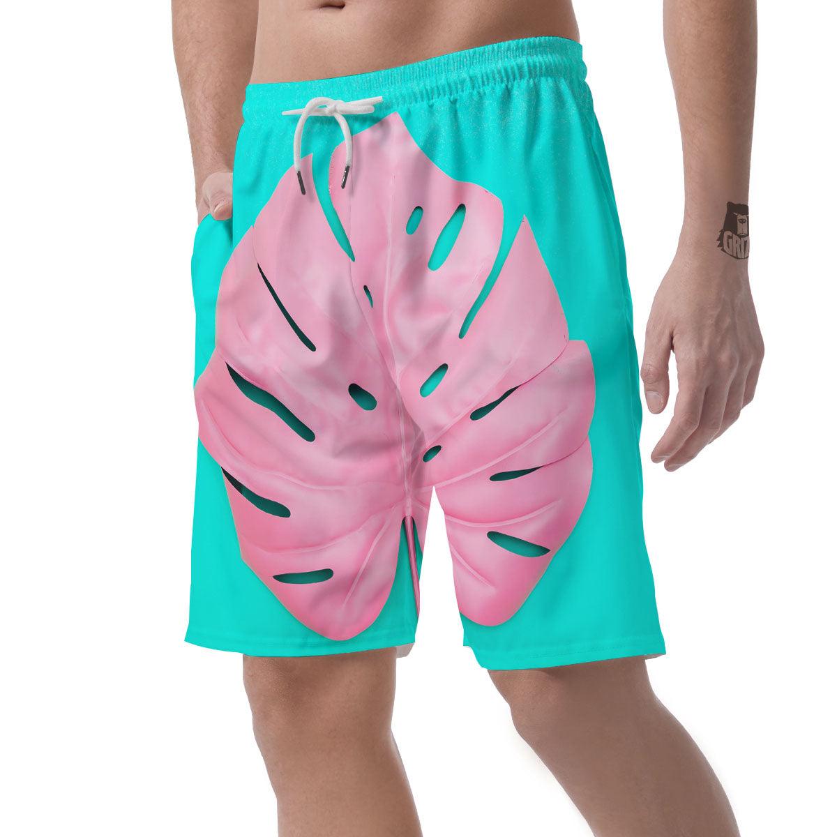 Blue And Pink Tropical Palm Leaf Print Men's Shorts-grizzshop
