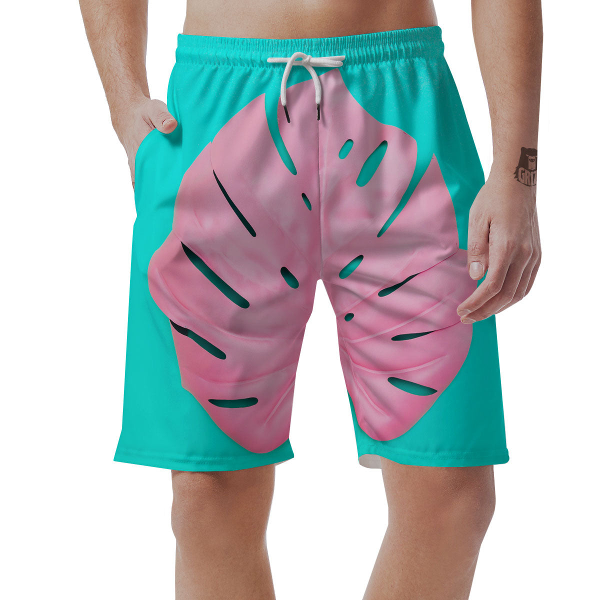 Blue And Pink Tropical Palm Leaf Print Men's Shorts-grizzshop