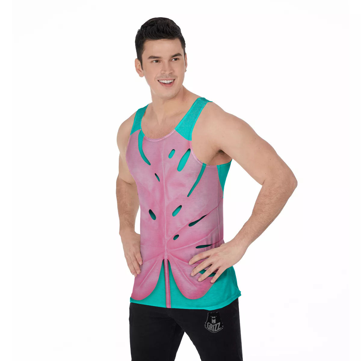 Blue And Pink Tropical Palm Leaf Print Men's Tank Top-grizzshop