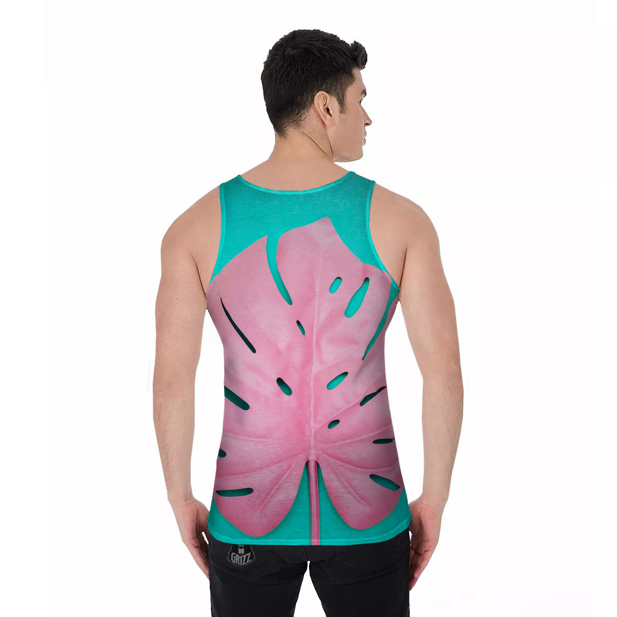 Blue And Pink Tropical Palm Leaf Print Men's Tank Top-grizzshop