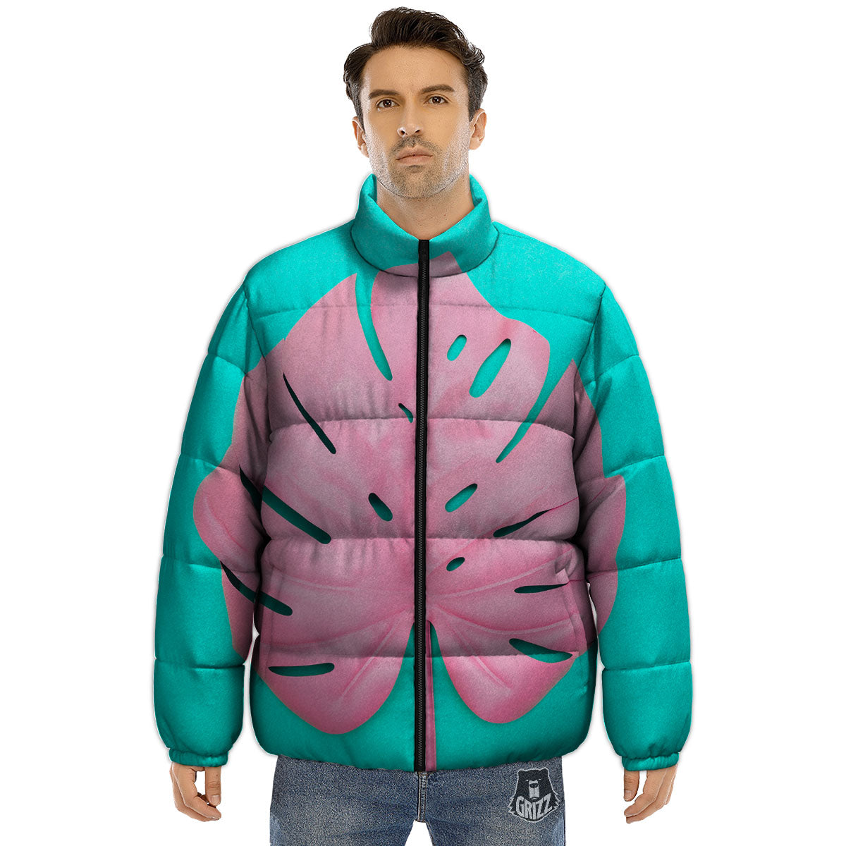 Blue And Pink Tropical Palm Leaf Print Puffer Jacket-grizzshop