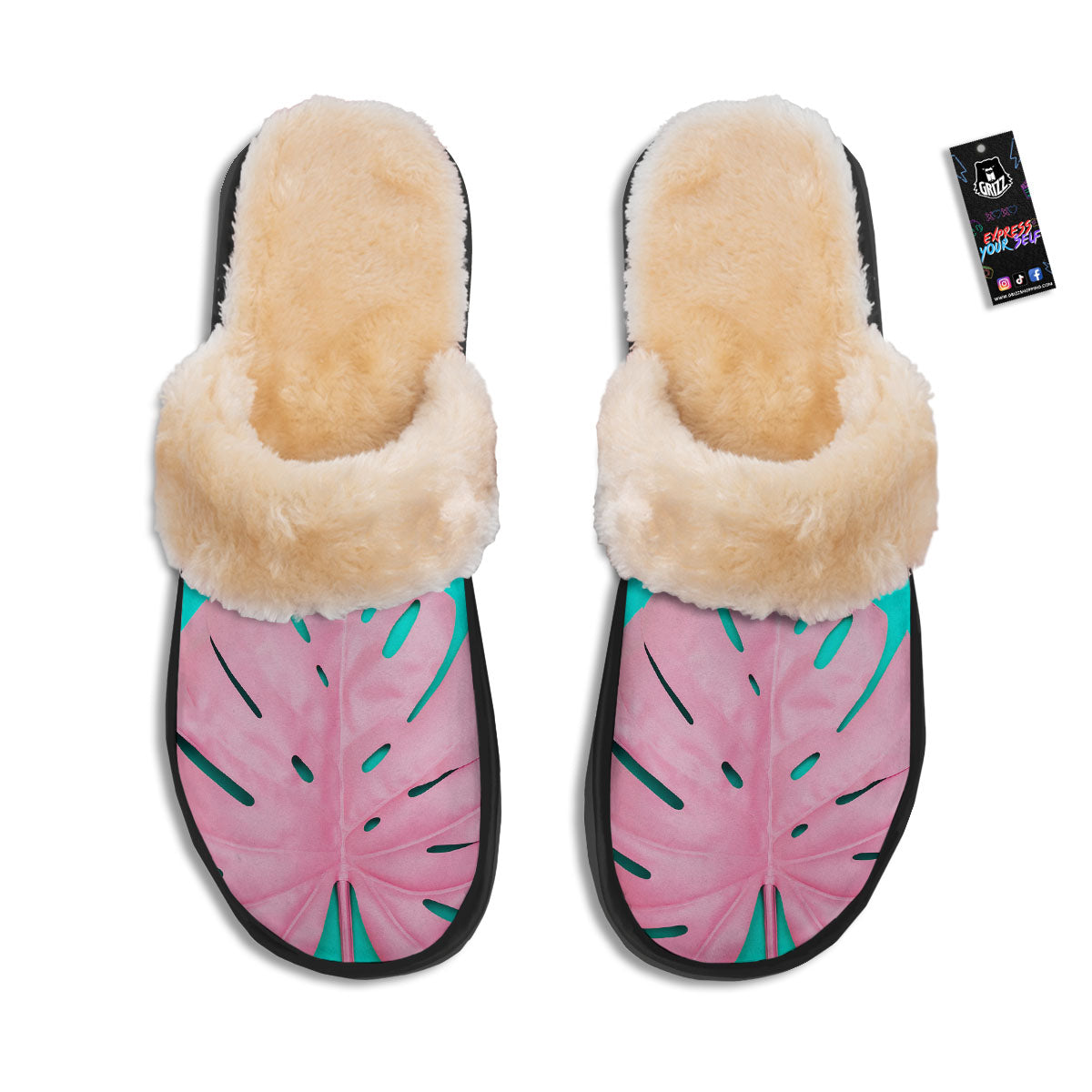 Blue And Pink Tropical Palm Leaf Print Slippers-grizzshop