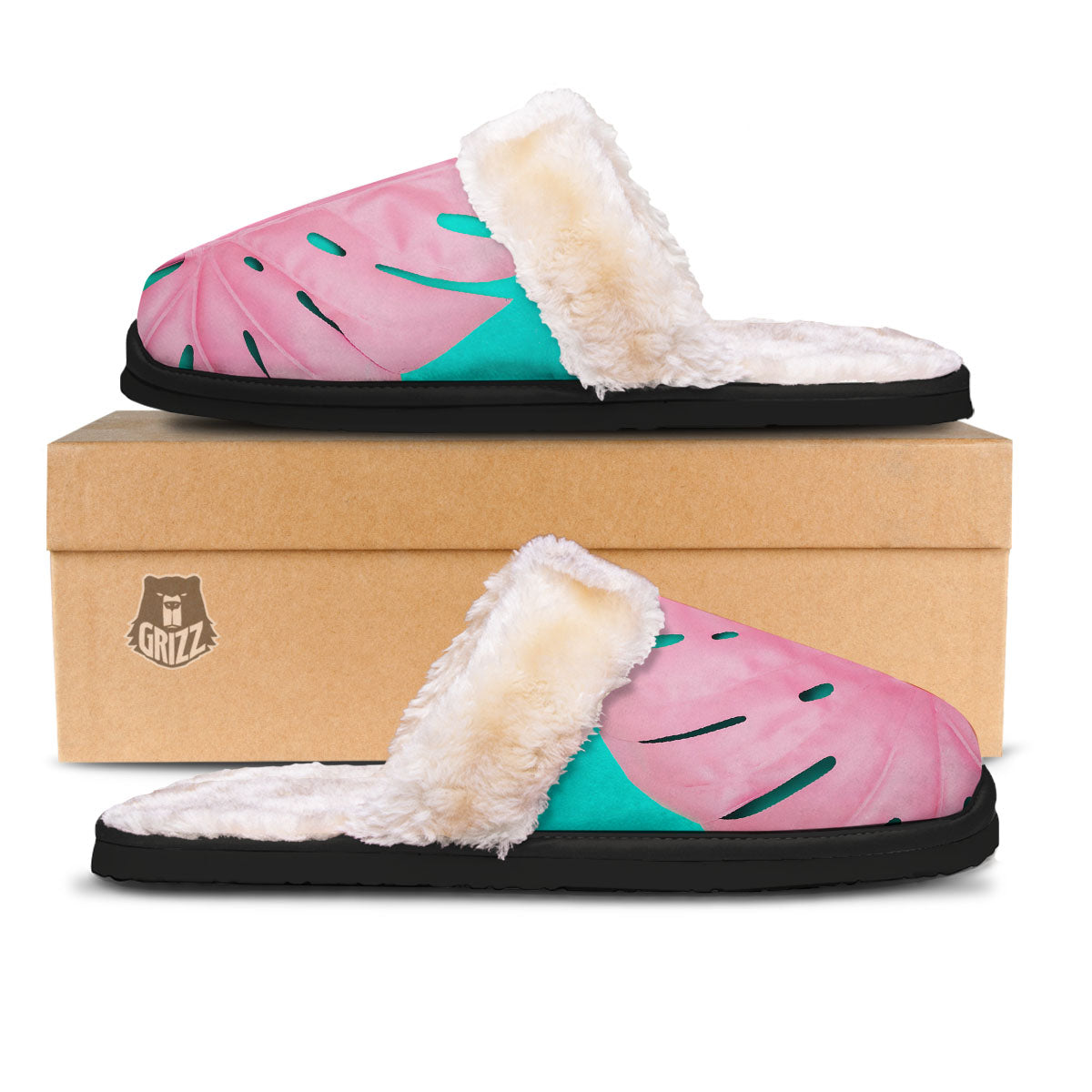 Blue And Pink Tropical Palm Leaf Print Slippers-grizzshop