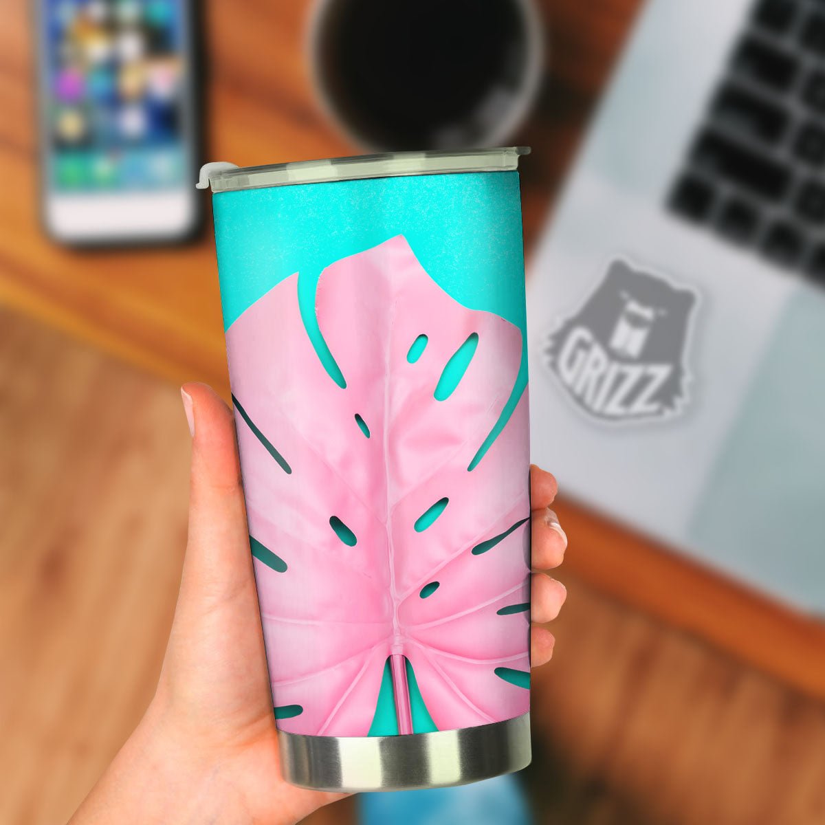 Blue And Pink Tropical Palm Leaf Print Tumbler-grizzshop