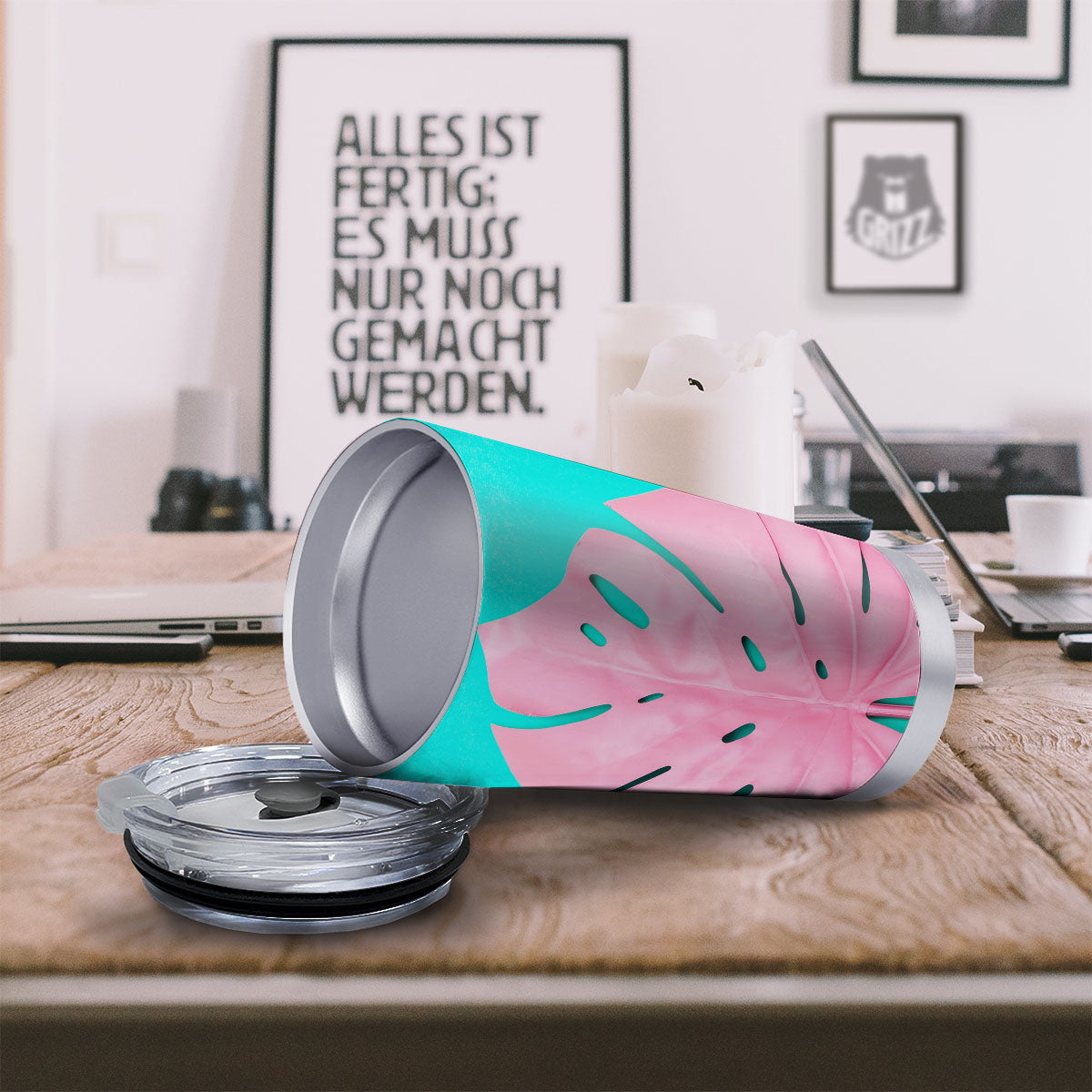 Blue And Pink Tropical Palm Leaf Print Tumbler-grizzshop