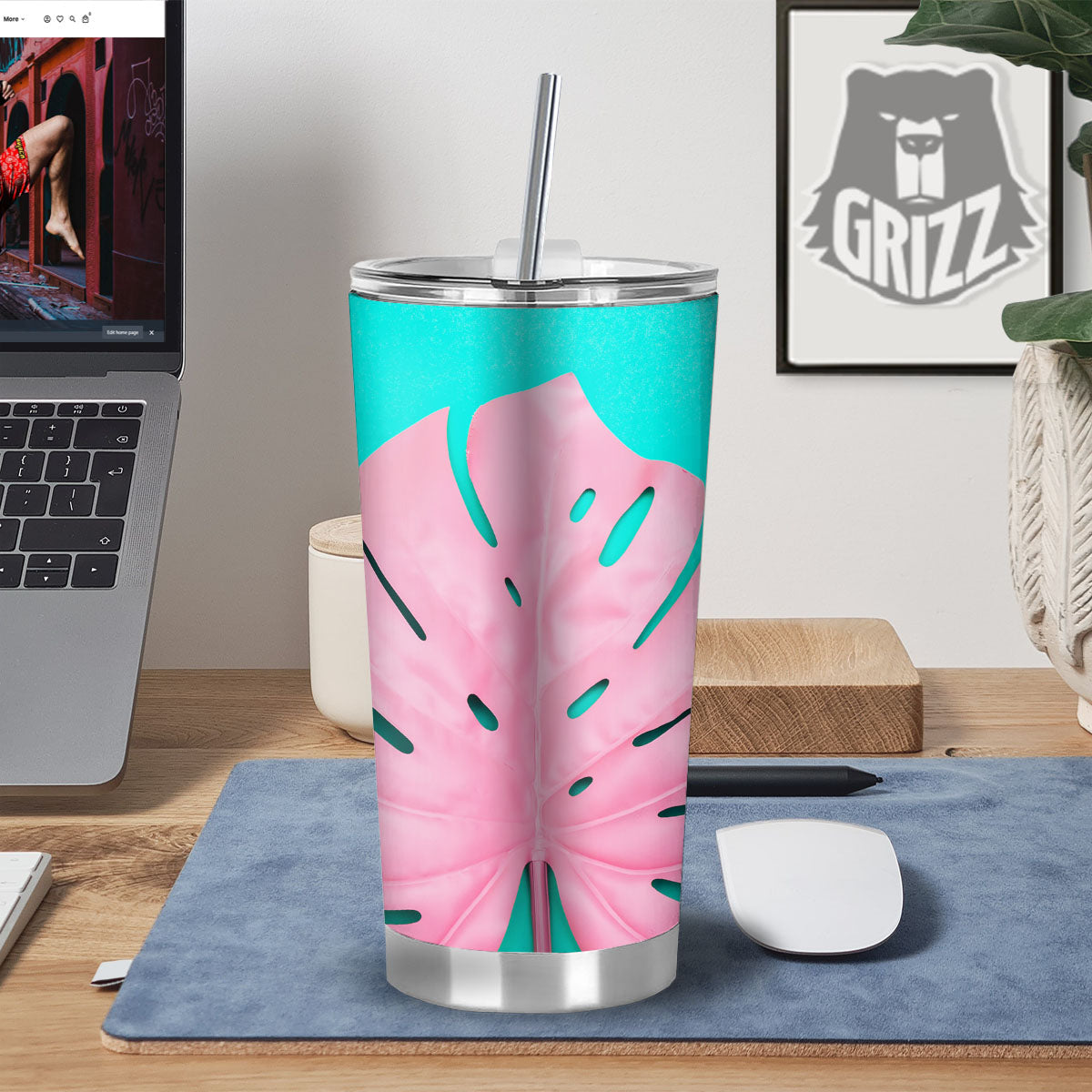 Blue And Pink Tropical Palm Leaf Print Tumbler-grizzshop