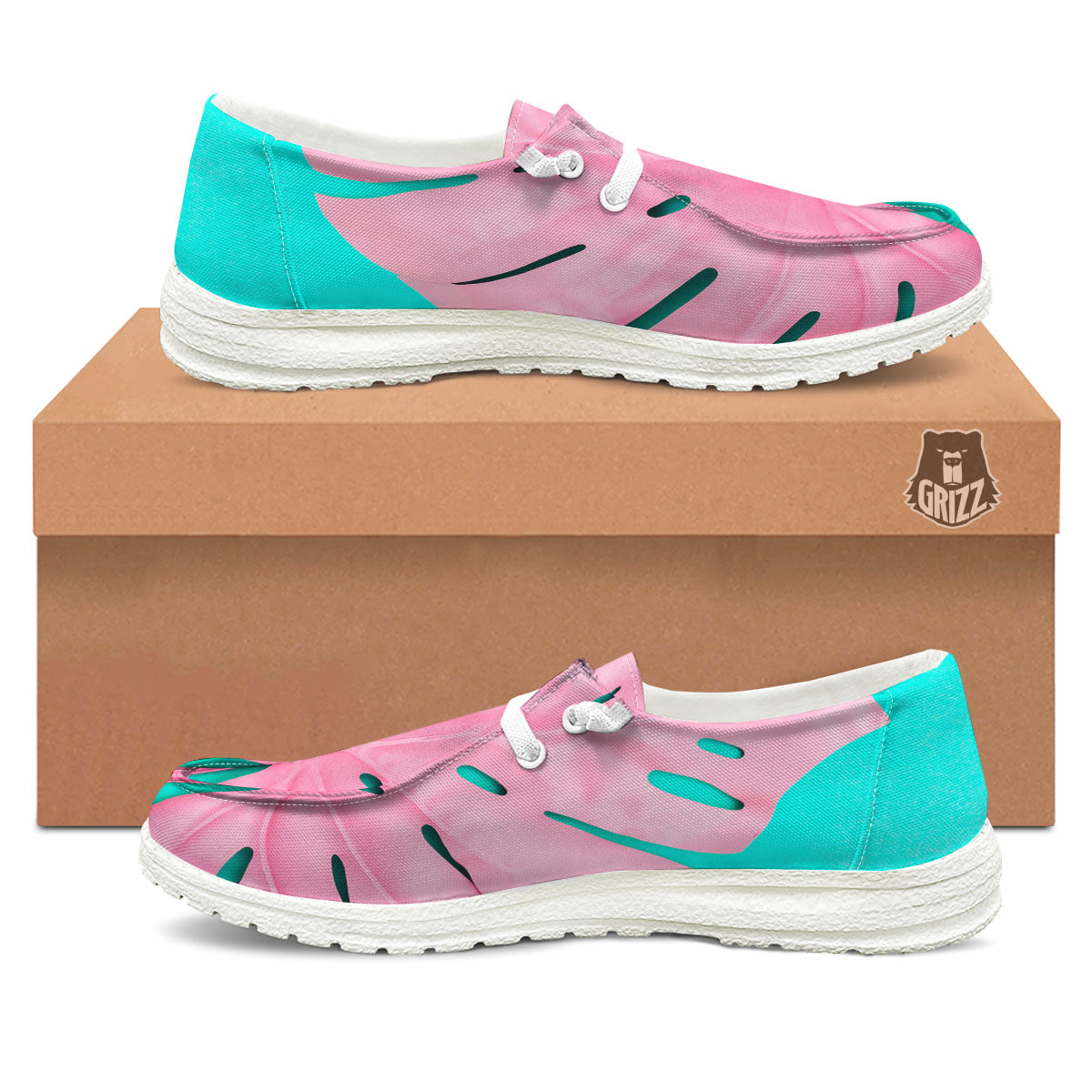 Blue And Pink Tropical Palm Leaf Print White Loafers-grizzshop