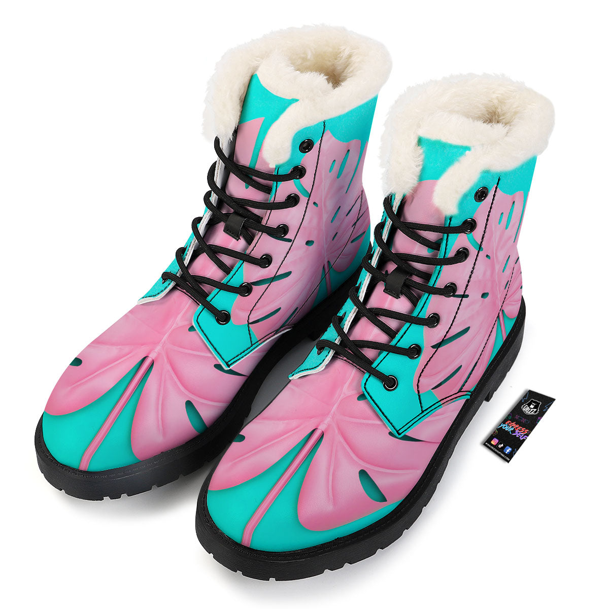 Blue And Pink Tropical Palm Leaf Print Winter Boots-grizzshop