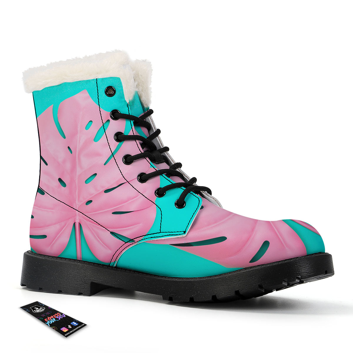 Blue And Pink Tropical Palm Leaf Print Winter Boots-grizzshop