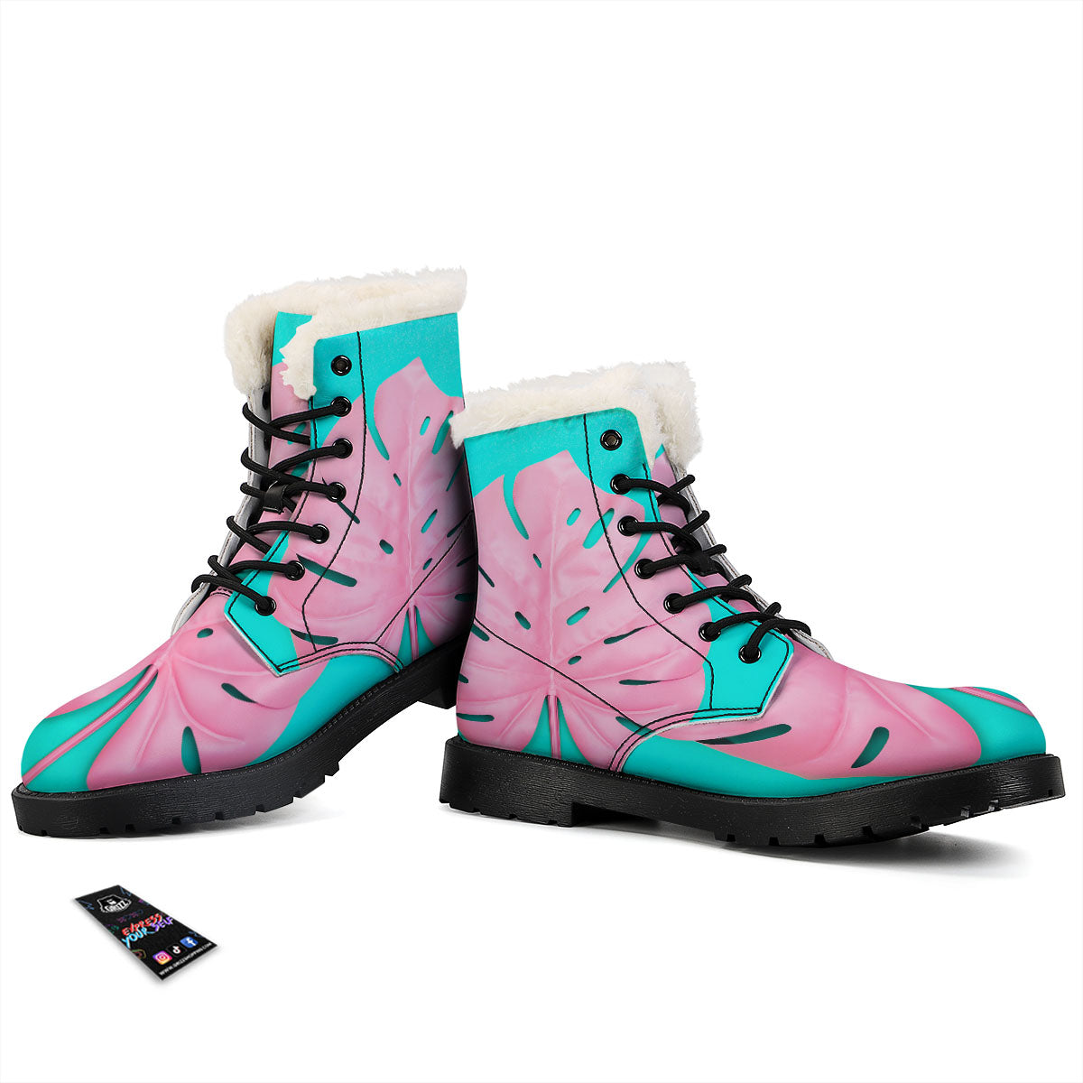 Blue And Pink Tropical Palm Leaf Print Winter Boots-grizzshop